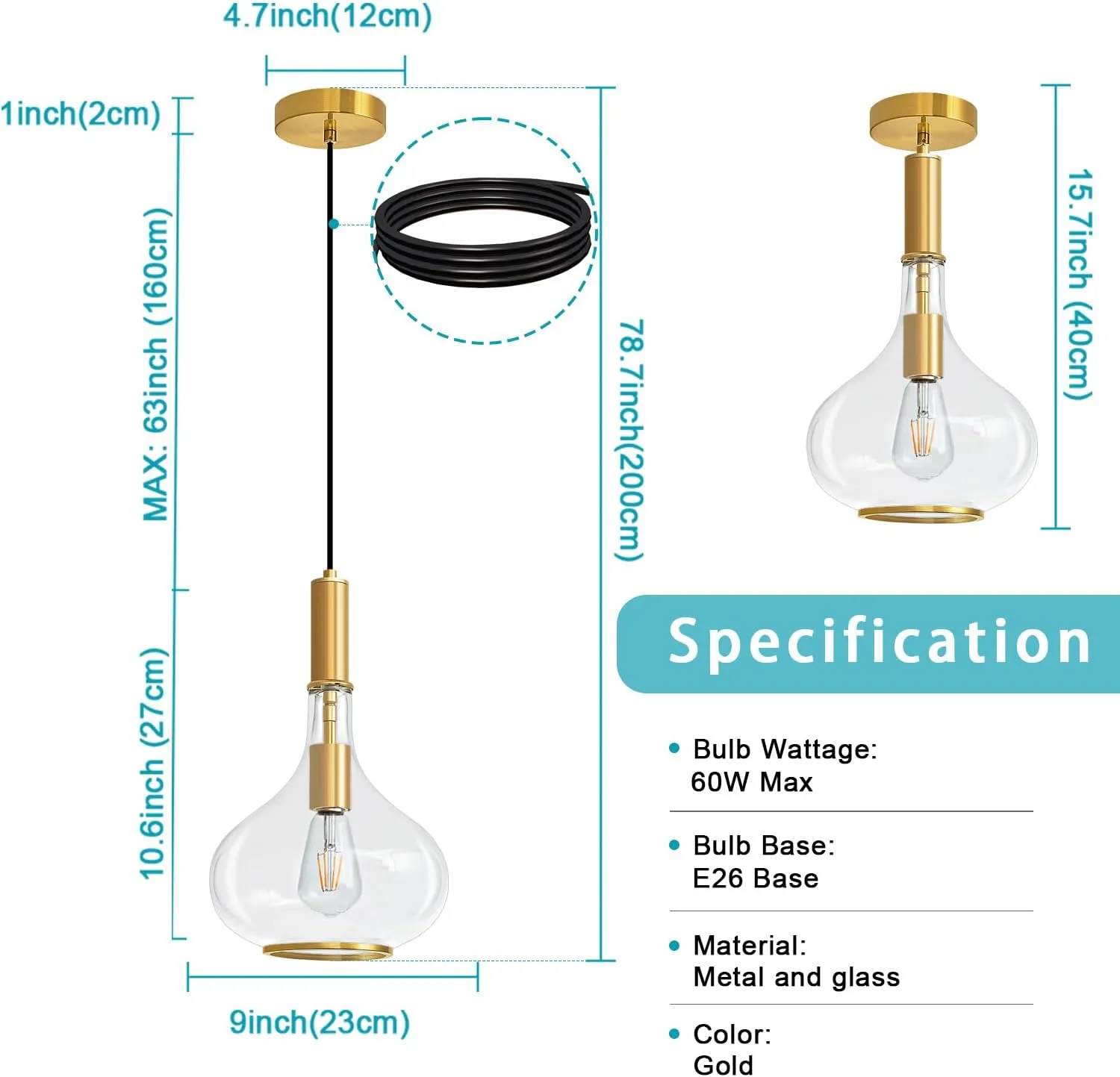 Gold Pendant Light Fixtures, Pendant Lights Kitchen Island with Clear Glass, 1 Light Hanging Ceiling Lights for Kitchen Island, Dining Room, Bedroom, Hallway, Farmhouse