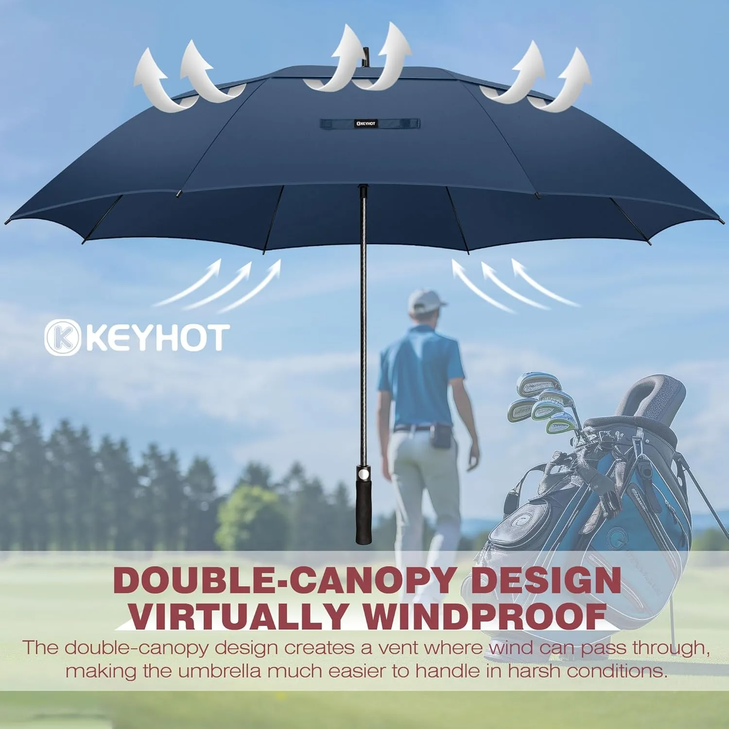 Golf Umbrella 51/56/62/68 Inch - Large Umbrellas Windproof Automatic Open- Heavy Duty Umbrella Double Canopy - Golf Push Cart Umbrella for Mens Women