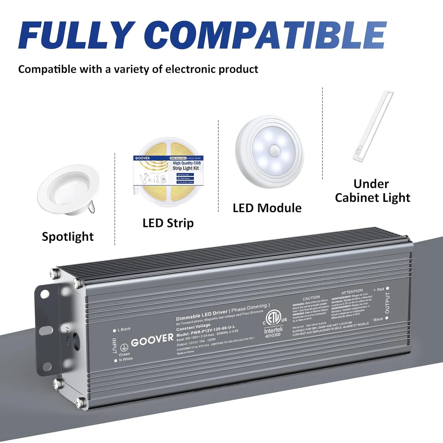 GOOVER 120W Triac Dimmable LED Driver,Power Supply,AC 120V to DC 12V Transformer,Compatible with Lutron and Leviton Dimmers,for LED Lighting,ETL Certified