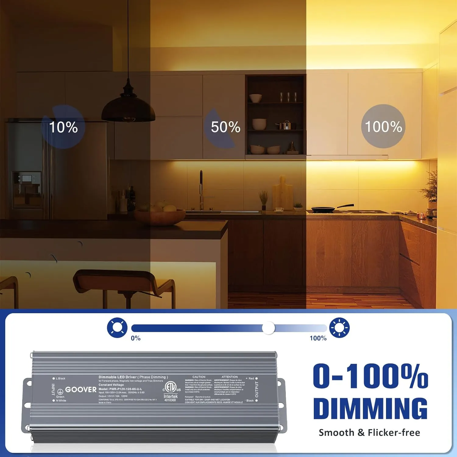 GOOVER 120W Triac Dimmable LED Driver,Power Supply,AC 120V to DC 12V Transformer,Compatible with Lutron and Leviton Dimmers,for LED Lighting,ETL Certified