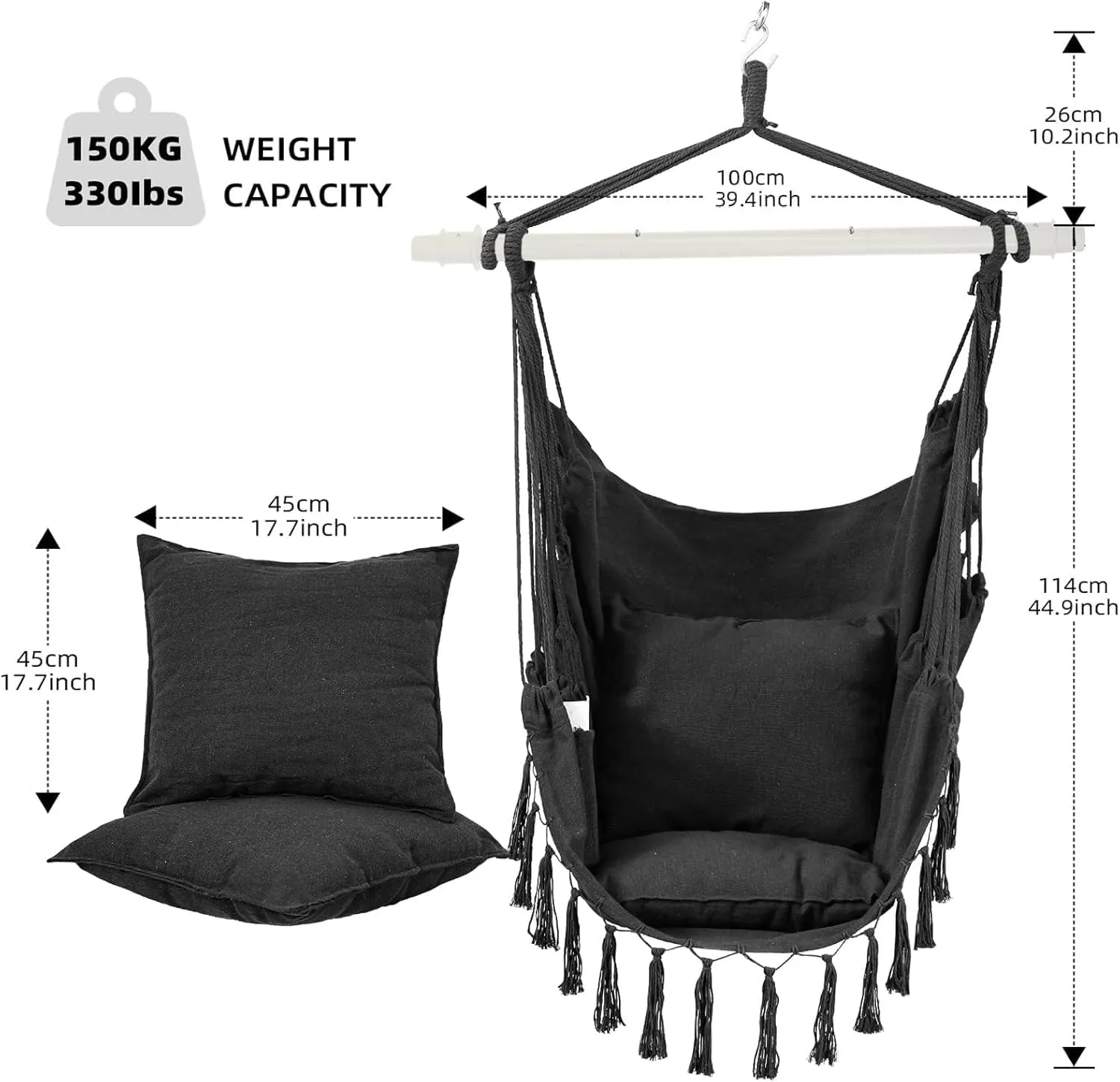 Goutime Hammock Chair, Hanging Rope Ceiling Swing with 2 Cushion,Macrame Swinging Hanging Boho Chairs for Indoor,Outdoor,Bedroom,Outside,Garden,Balcony,Yard,Deck,Max 330 Lbs Grey