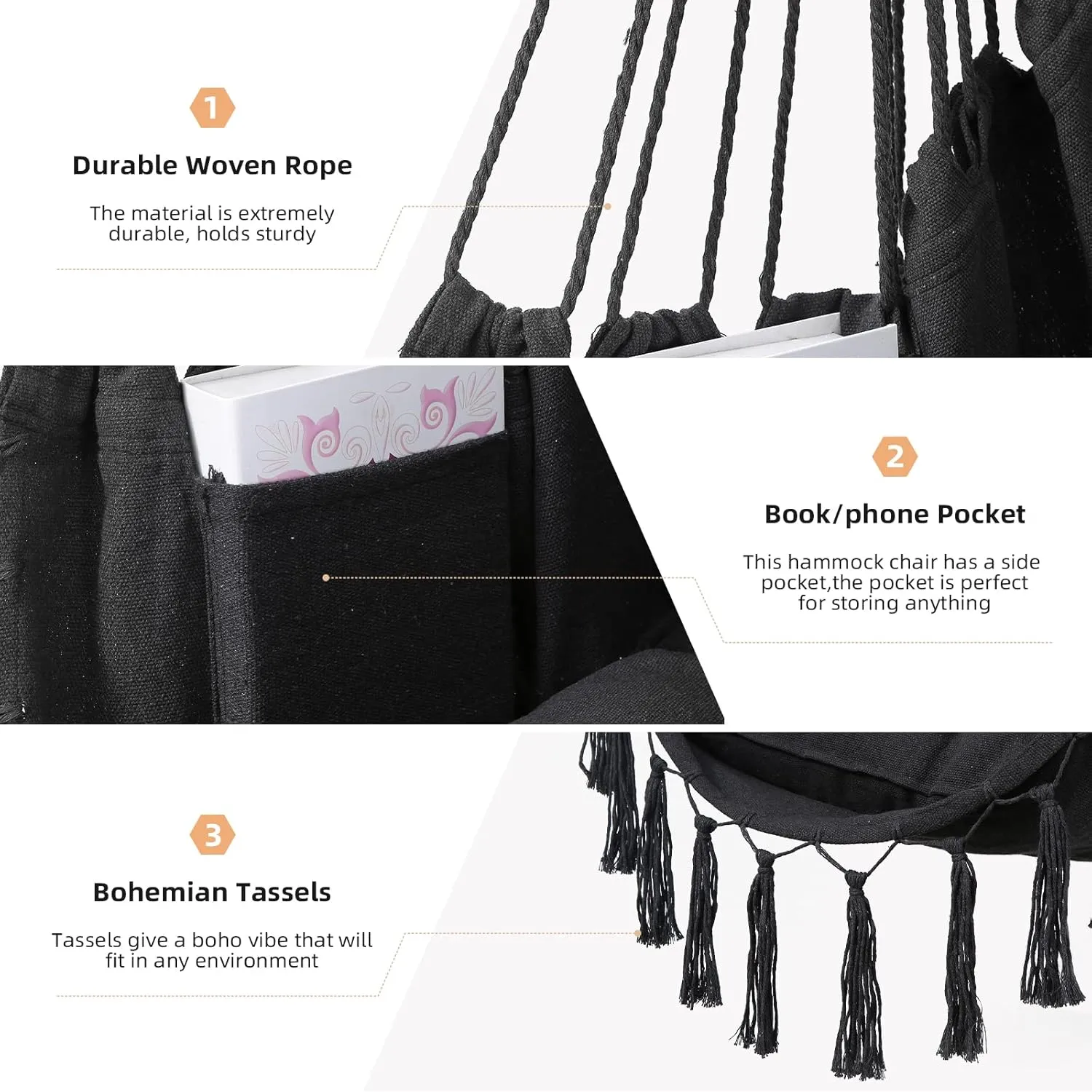 Goutime Hammock Chair, Hanging Rope Ceiling Swing with 2 Cushion,Macrame Swinging Hanging Boho Chairs for Indoor,Outdoor,Bedroom,Outside,Garden,Balcony,Yard,Deck,Max 330 Lbs Grey