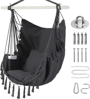 Goutime Hammock Chair, Hanging Rope Ceiling Swing with 2 Cushion,Macrame Swinging Hanging Boho Chairs for Indoor,Outdoor,Bedroom,Outside,Garden,Balcony,Yard,Deck,Max 330 Lbs Grey