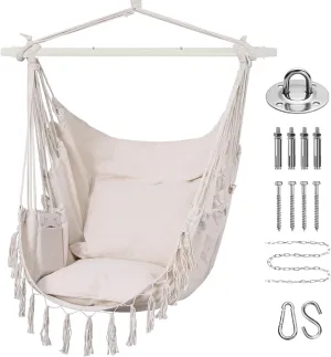 Goutime Hammock Chair,Hanging Rope Ceiling Swing with 2 Cushions, Macrame Boho Hanging Chairs for Indoor,Outdoor,Bedroom,Outside,Garden,Balcony,Yard,Deck,Max 330 Lbs