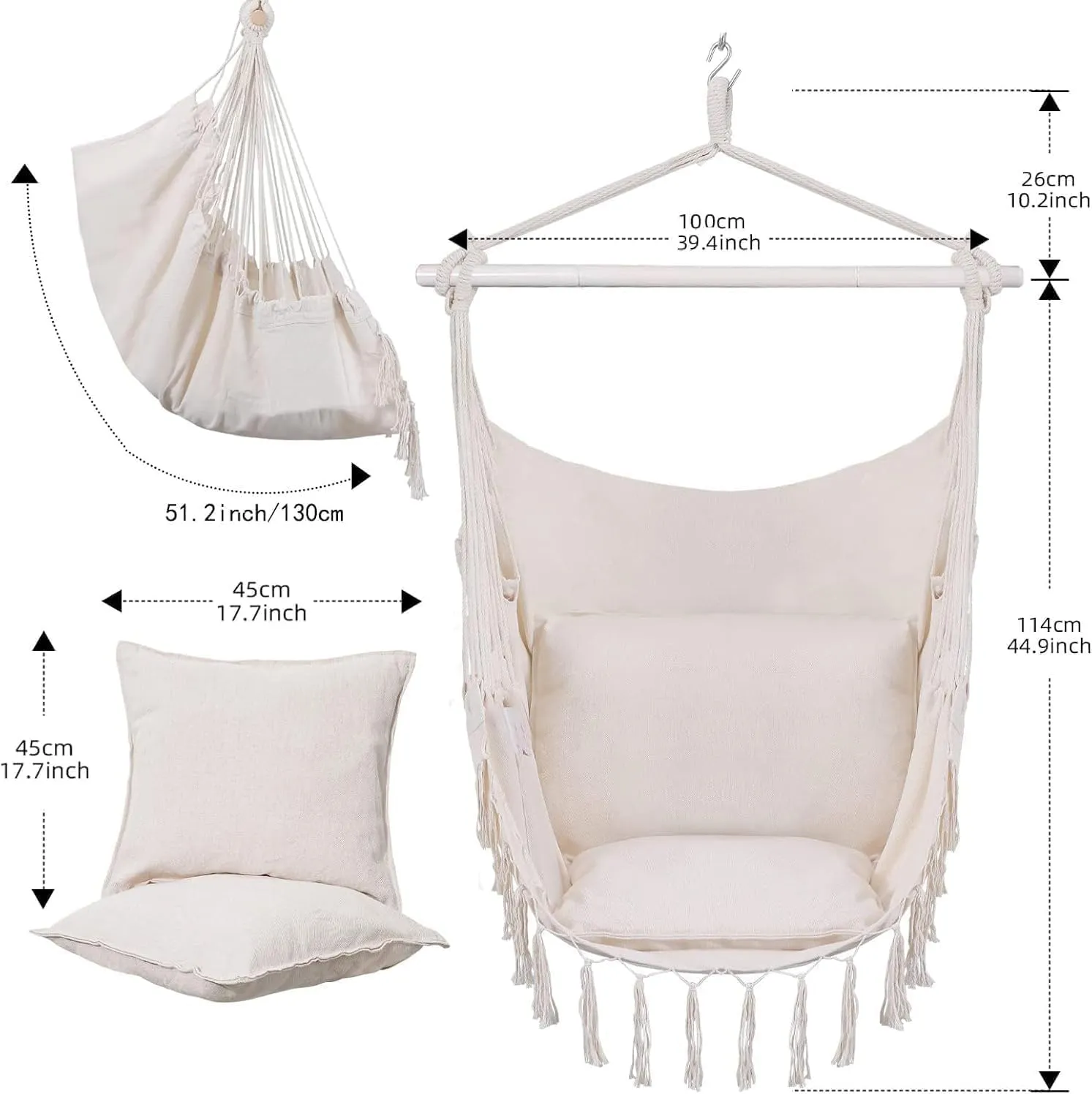 Goutime Hammock Chair,Hanging Rope Ceiling Swing with 2 Cushions, Macrame Boho Hanging Chairs for Indoor,Outdoor,Bedroom,Outside,Garden,Balcony,Yard,Deck,Max 330 Lbs