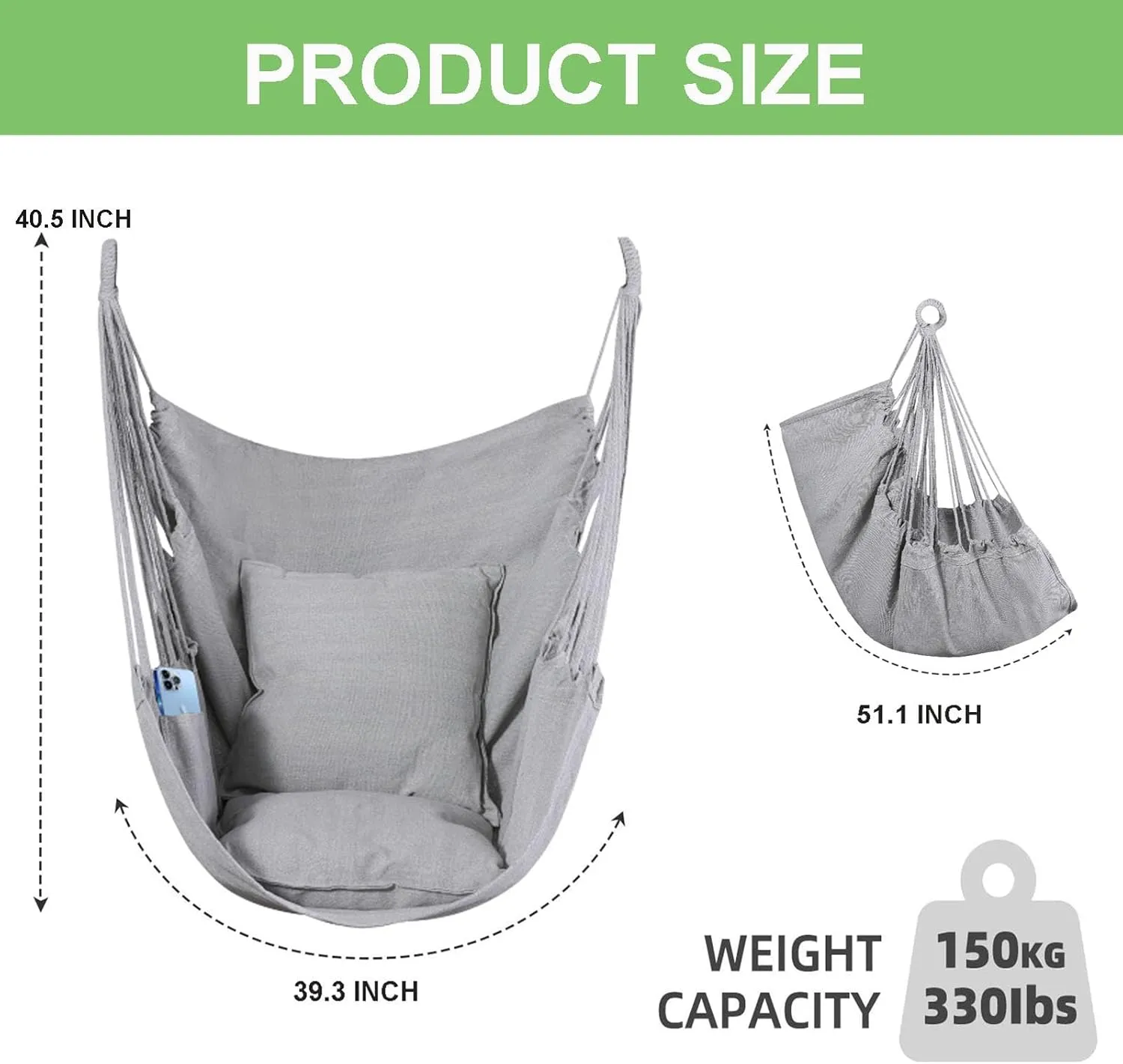 Goutime Hammock Chair,Indoor Hanging Rope Swing,Tree Swinging Chairs for Outside,Outdoor,Home, Bedroom,Patio,Yard,Garden,Balcony,Max 330 Lbs,Gray