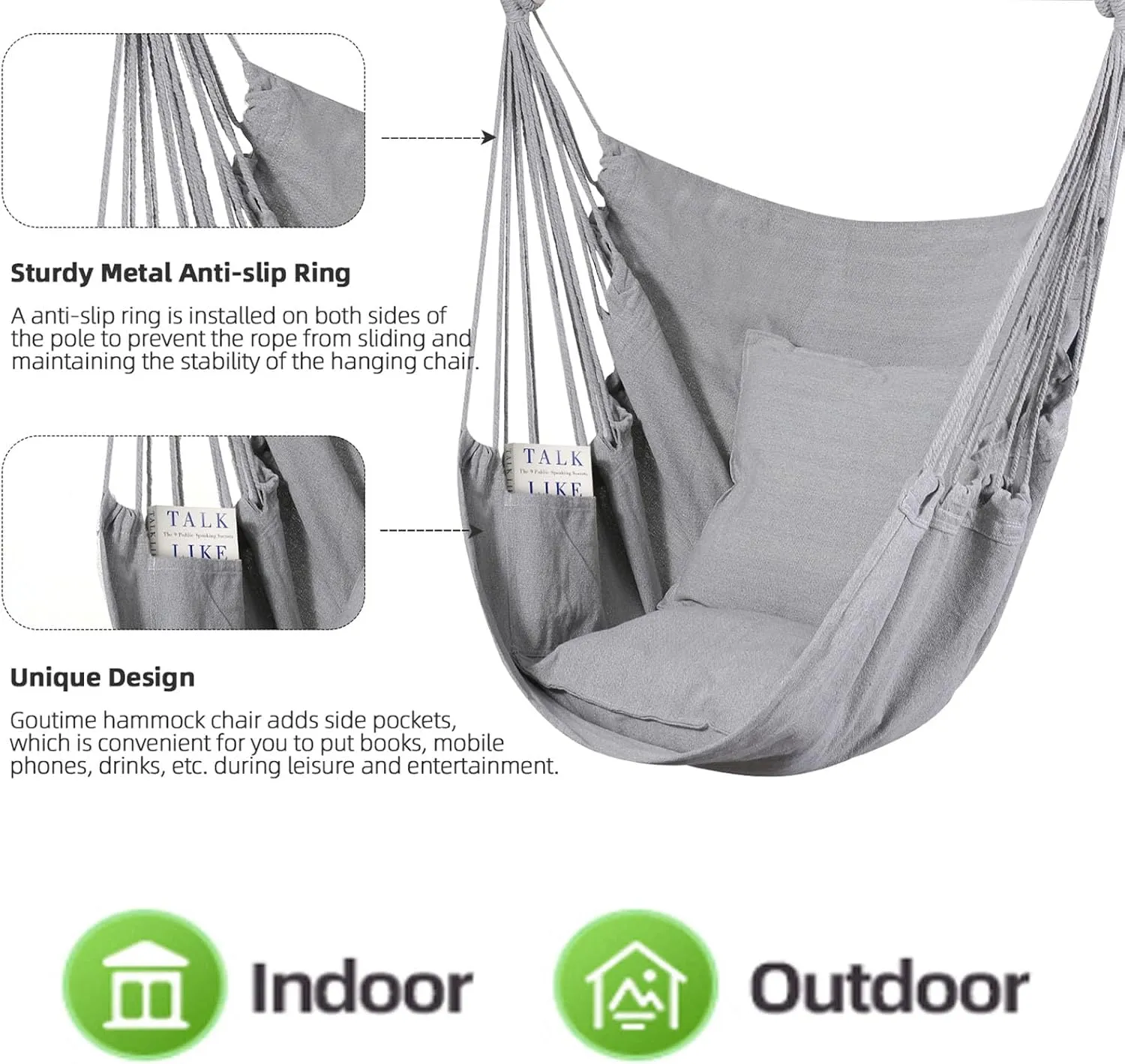 Goutime Hammock Chair,Indoor Hanging Rope Swing,Tree Swinging Chairs for Outside,Outdoor,Home, Bedroom,Patio,Yard,Garden,Balcony,Max 330 Lbs,Gray
