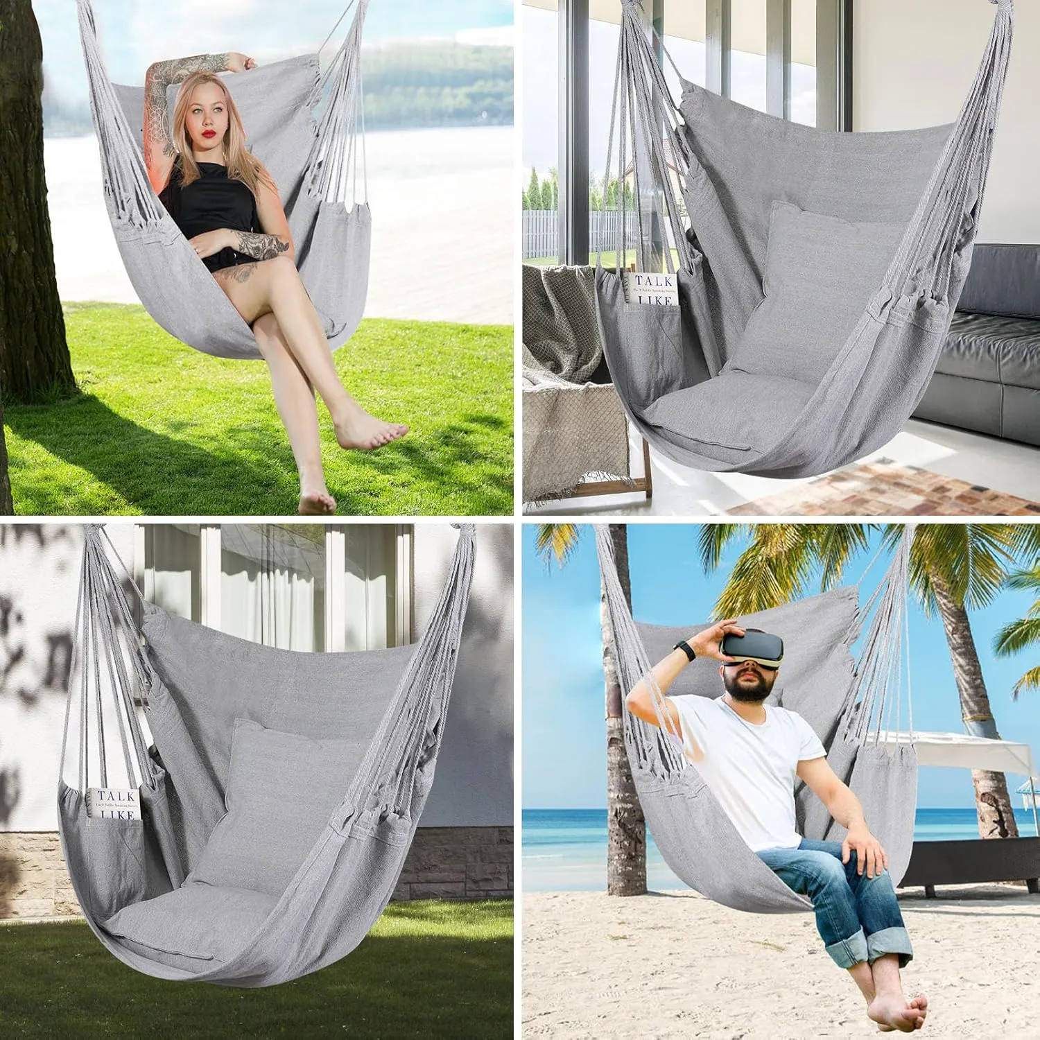 Goutime Hammock Chair,Indoor Hanging Rope Swing,Tree Swinging Chairs for Outside,Outdoor,Home, Bedroom,Patio,Yard,Garden,Balcony,Max 330 Lbs,Gray