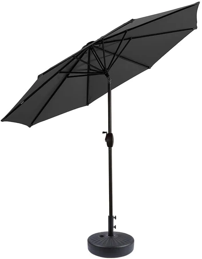 Gray Outdoor Patio Umbrella 9ft Water and Fade-Resistant Canopy with Air Ventilation Easy Crank Open Tilt Adjustment Weight 55 Lbs | All Season Octagonal Shape Solid Pattern Casual Style With Base