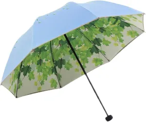 Green Tree Leaf Folding Travel Sun Umbrella Sunblock UV Protection UPF 50  Rain Resistant Compact Size Parasol Fold into Purse