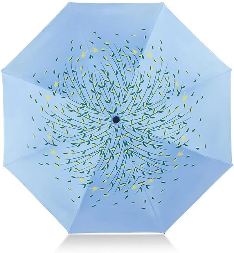 Green Tree Leaf Folding Travel Sun Umbrella Sunblock UV Protection UPF 50  Rain Resistant Compact Size Parasol Fold into Purse