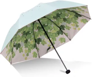 Green Tree Leaf Folding Travel Sun Umbrella Sunblock UV Protection UPF 50  Rain Resistant Compact Size Parasol Fold into Purse