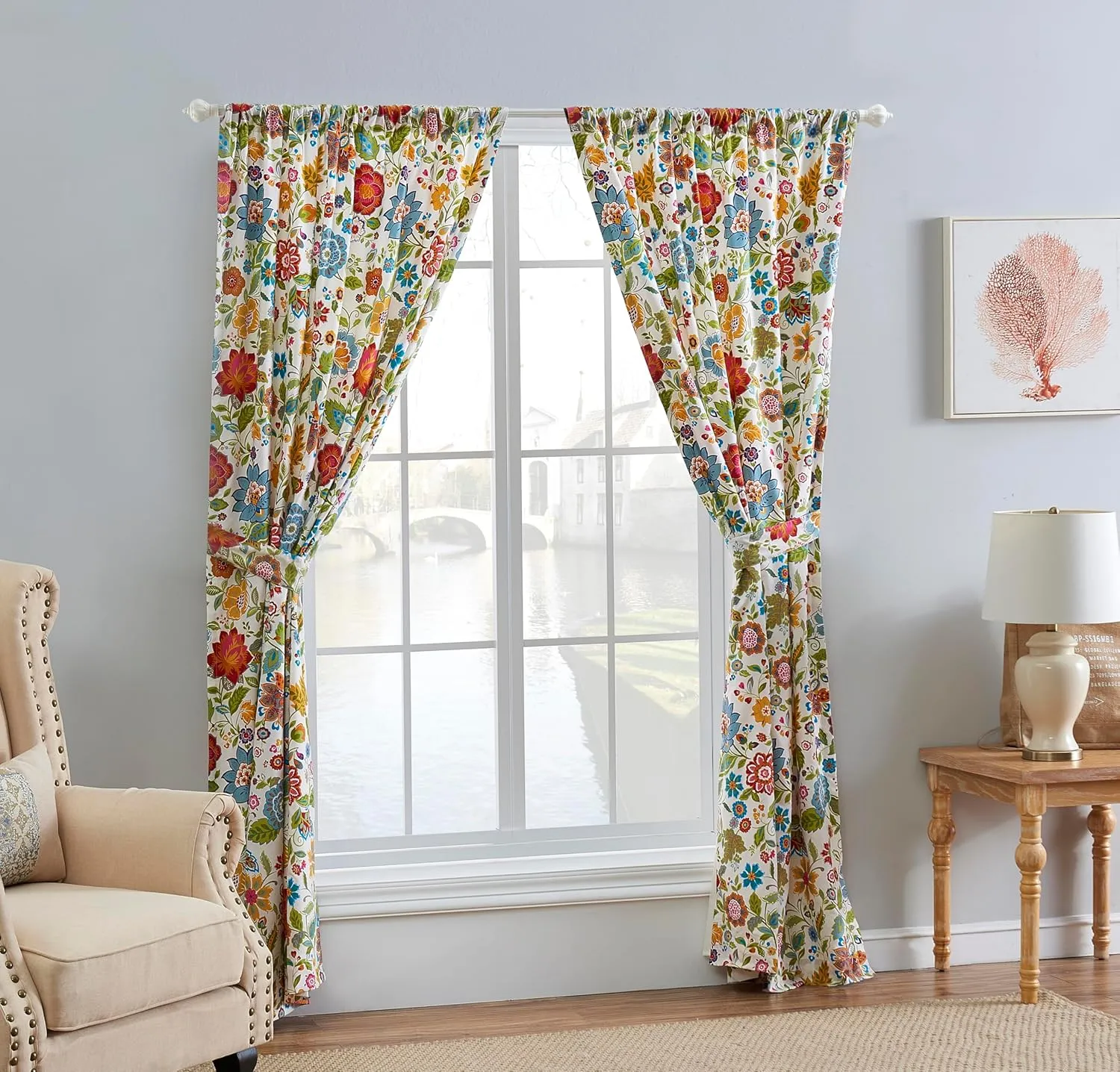 Greenland Home Astoria Semi-Sheer Curtain Panels, Set of 2, Lined, with Tiebacks, 95 L x 42 W (x2), White