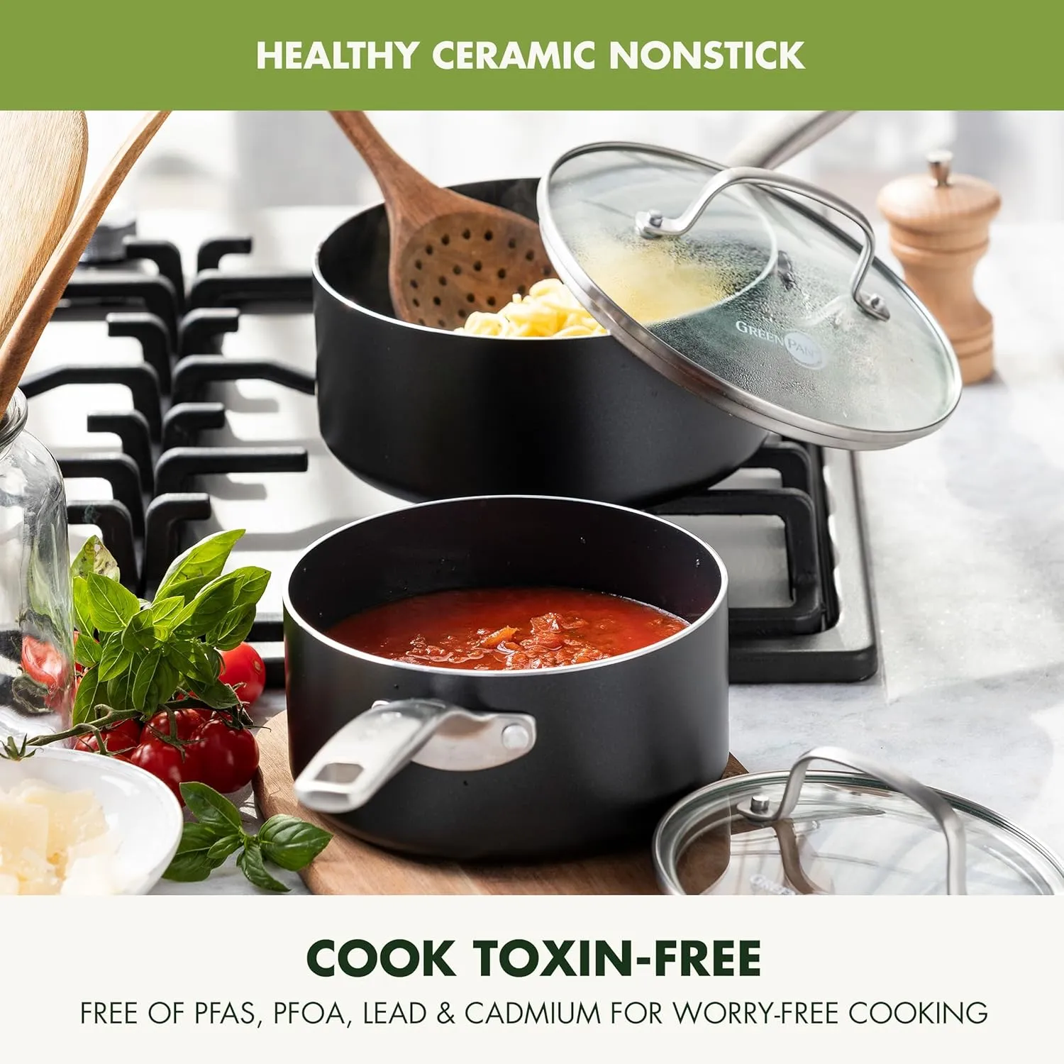 GreenPan Prime Chatham 1QT & 2QT Saucepan Pot Set with Glass Lids, Hard Anodized Diamond Infused Ceramic Nonstick, PFAS-Free, Dishwasher Safe, Oven Safe, Multipurpose Chefs Pan, Stay-Cool Handle,Black