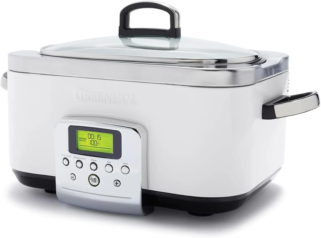 GreenPan Slow Cooker Cloud Cream, 6L Dishwasher safe pot, Vibrant LCD display, Easy One-touch presets, One-Step Browing, Extra-tough exterior, Countertop friendly