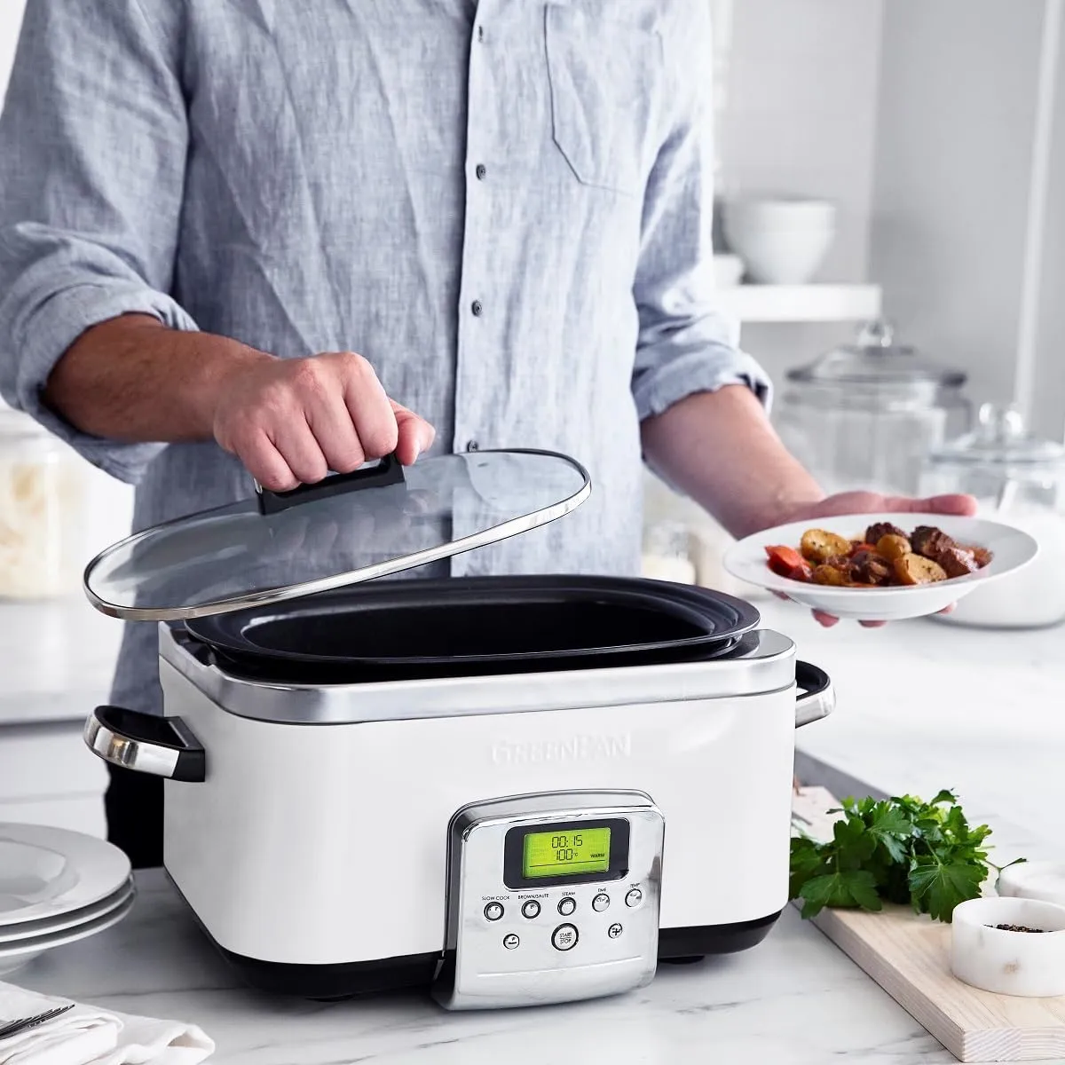 GreenPan Slow Cooker Cloud Cream, 6L Dishwasher safe pot, Vibrant LCD display, Easy One-touch presets, One-Step Browing, Extra-tough exterior, Countertop friendly