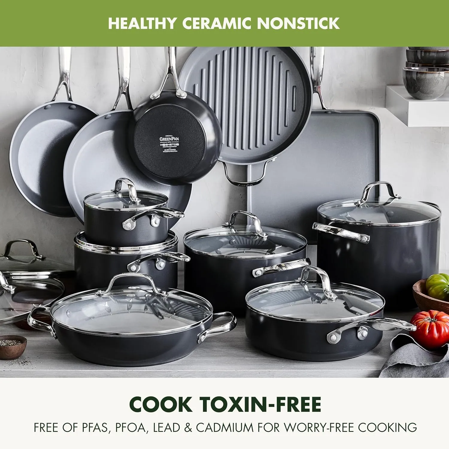GreenPan Valencia Pro Hard Anodized Healthy Ceramic Nonstick 22 Piece Cookware Pots & Pans Set, Fry Grill, Griddle, Saute & Sauce Pans, Stockpot,Lids, PFAS-Free, Induction, Dishwasher & Oven Safe,Gray