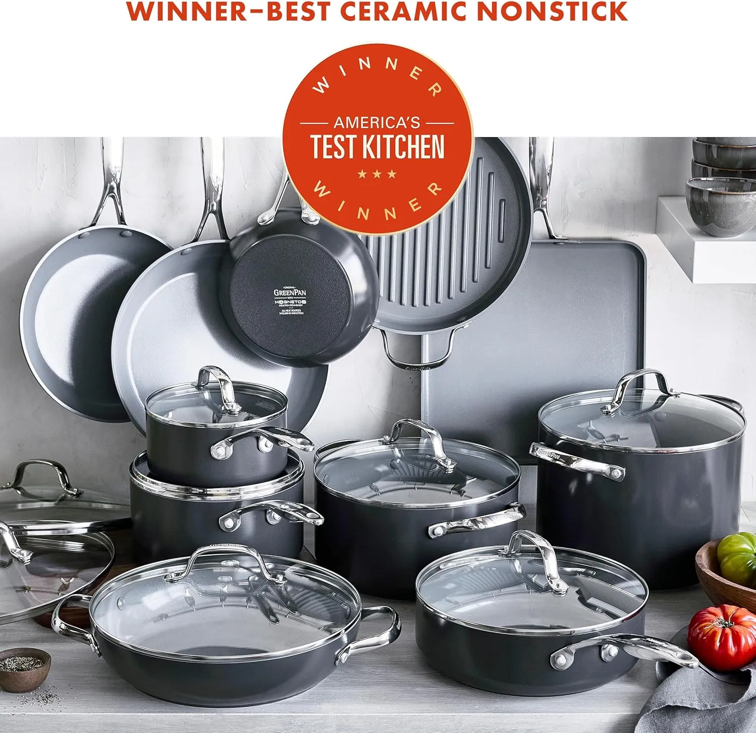 GreenPan Valencia Pro Hard Anodized Healthy Ceramic Nonstick 22 Piece Cookware Pots & Pans Set, Fry Grill, Griddle, Saute & Sauce Pans, Stockpot,Lids, PFAS-Free, Induction, Dishwasher & Oven Safe,Gray