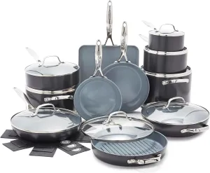GreenPan Valencia Pro Hard Anodized Healthy Ceramic Nonstick 22 Piece Cookware Pots & Pans Set, Fry Grill, Griddle, Saute & Sauce Pans, Stockpot,Lids, PFAS-Free, Induction, Dishwasher & Oven Safe,Gray