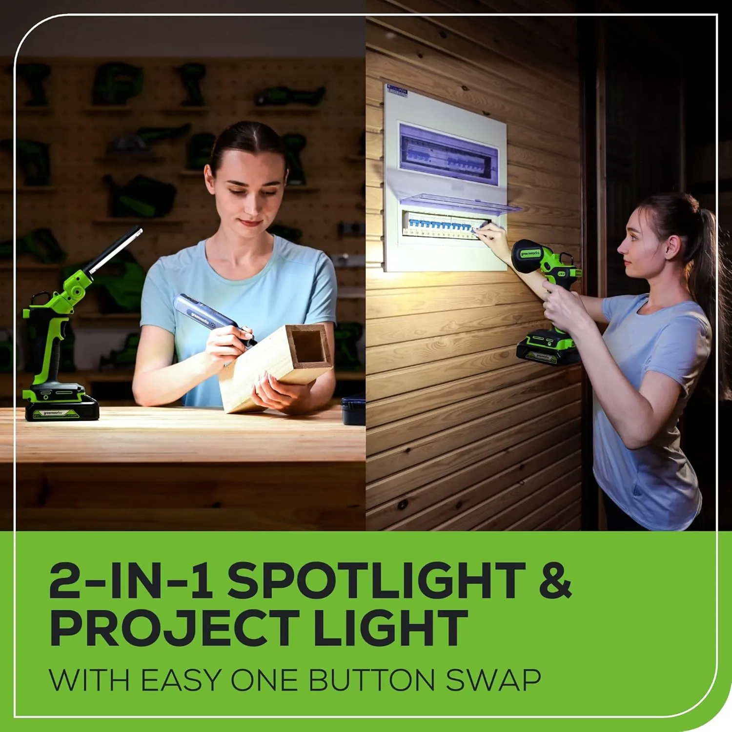 Greenworks 24V 2-in-1 Magnetic Work Light, 650 Lumens LED Spotlight and Project Light Tube, Pivoting Head, 3 Mode, SOS Function, with 2Ah Battery and Charger