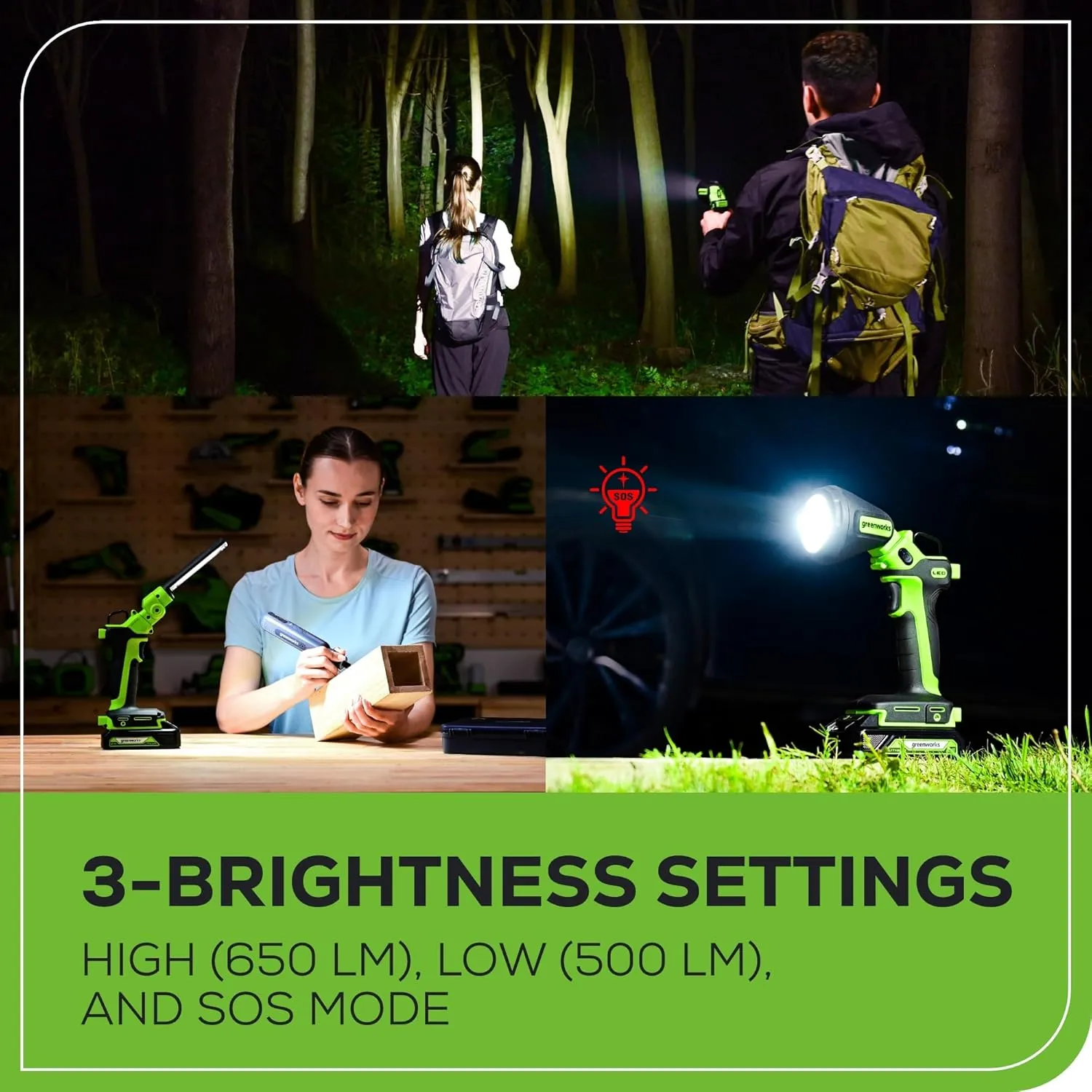 Greenworks 24V 2-in-1 Magnetic Work Light, 650 Lumens LED Spotlight and Project Light Tube, Pivoting Head, 3 Mode, SOS Function, with 2Ah Battery and Charger