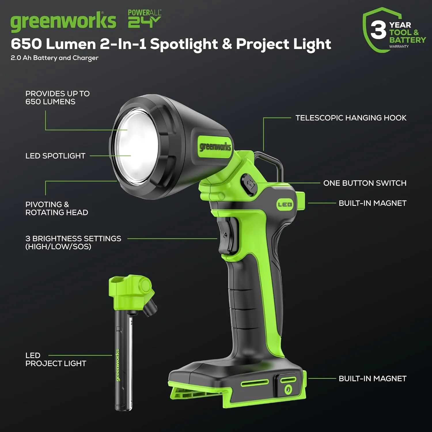 Greenworks 24V 2-in-1 Magnetic Work Light, 650 Lumens LED Spotlight and Project Light Tube, Pivoting Head, 3 Mode, SOS Function, with 2Ah Battery and Charger