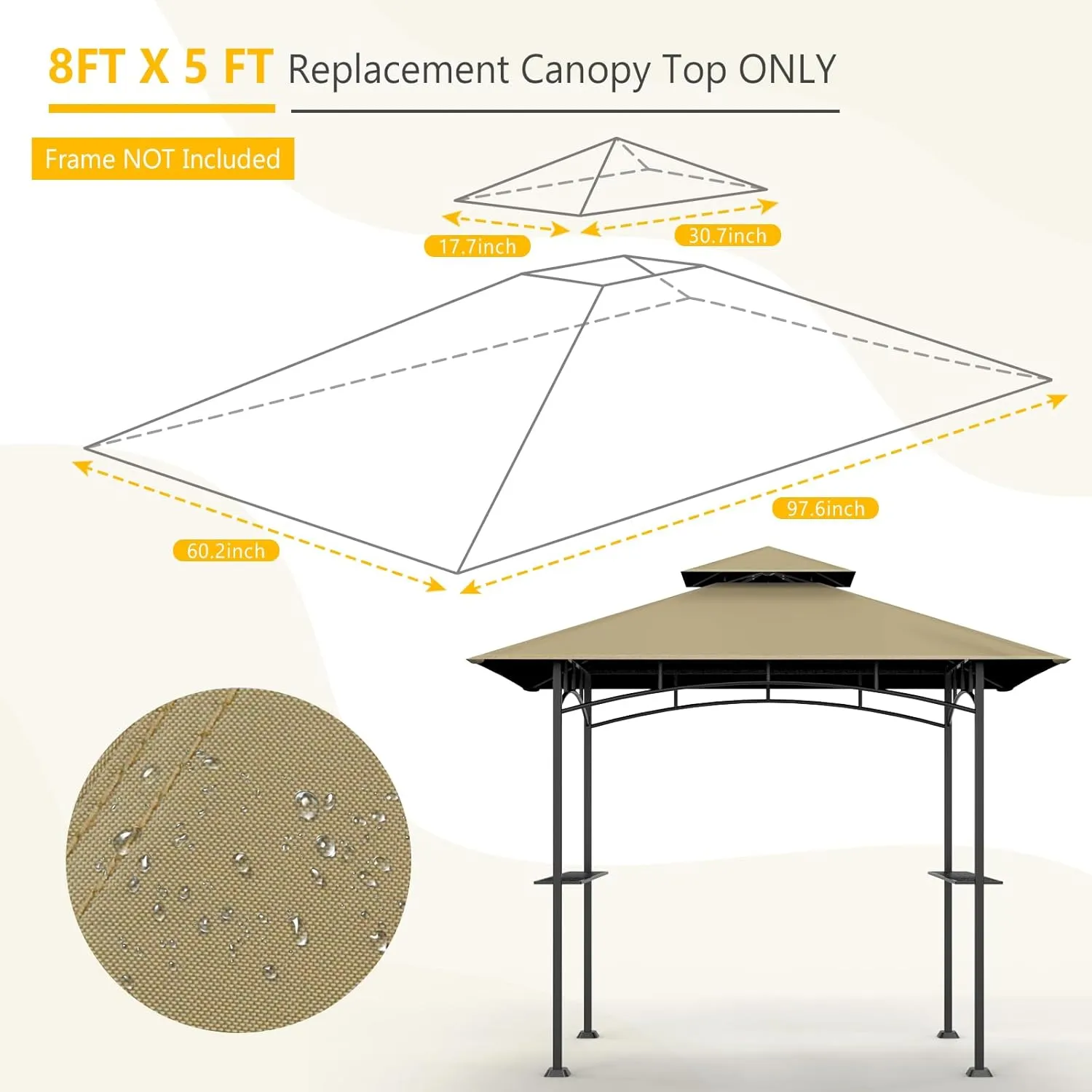 Grill Gazebo Replacement Canopy Top, 5'x8' Top Double Tiered Replacement Canopy Roof, Grill Shelter Cover Roof Fit for Gazebo Model L-GG001PST-F (Khaki)