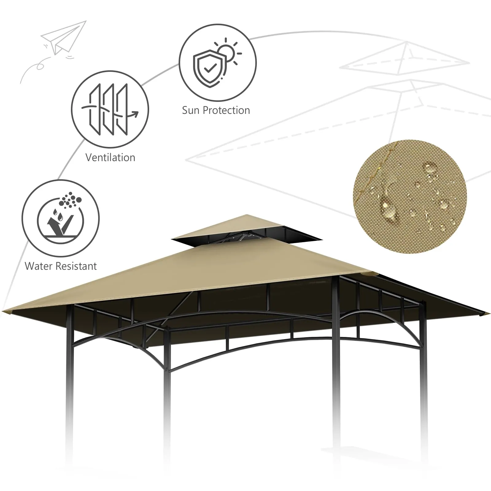 Grill Gazebo Replacement Canopy Top Only - 5' x 8' Outdoor BBQ Gazebo Canopy Roof, Waterproof Double Tiered Shelter Cover Fit for Model L-GG001PST-F (Khaki)