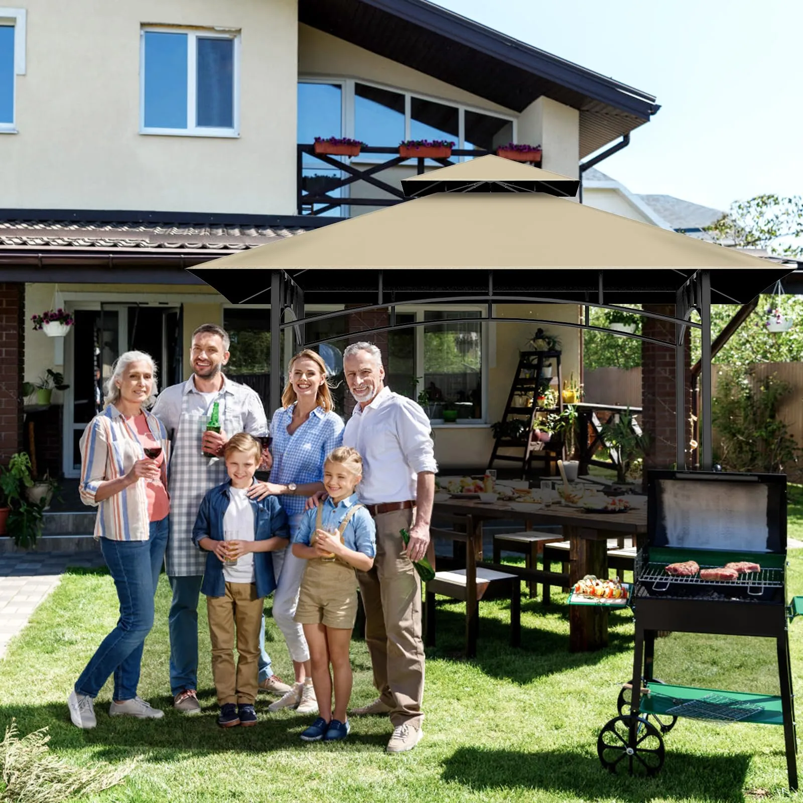 Grill Gazebo Replacement Canopy Top Only - 5' x 8' Outdoor BBQ Gazebo Canopy Roof, Waterproof Double Tiered Shelter Cover Fit for Model L-GG001PST-F (Khaki)