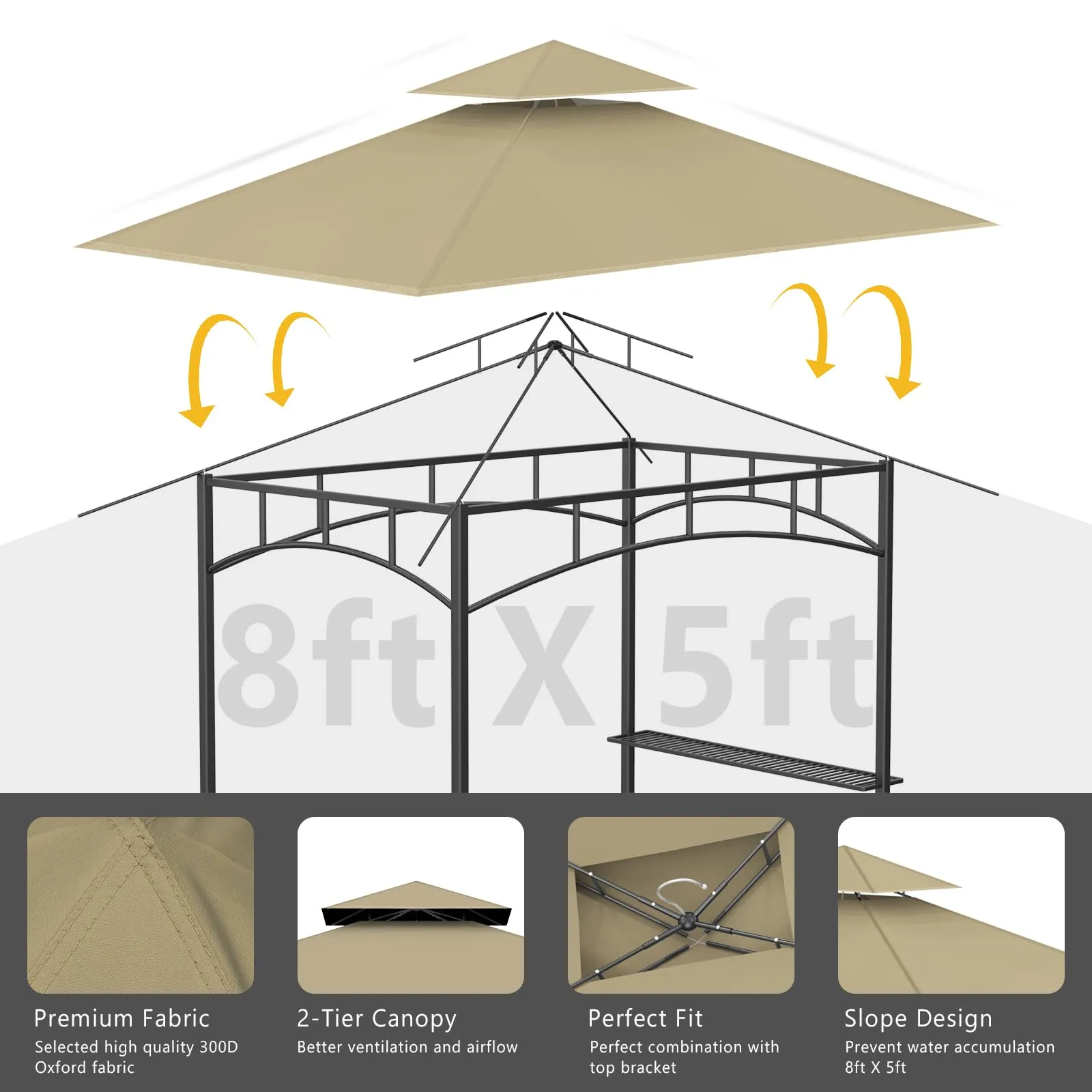Grill Gazebo Replacement Canopy Top Only - 5' x 8' Outdoor BBQ Gazebo Canopy Roof, Waterproof Double Tiered Shelter Cover Fit for Model L-GG001PST-F (Khaki)