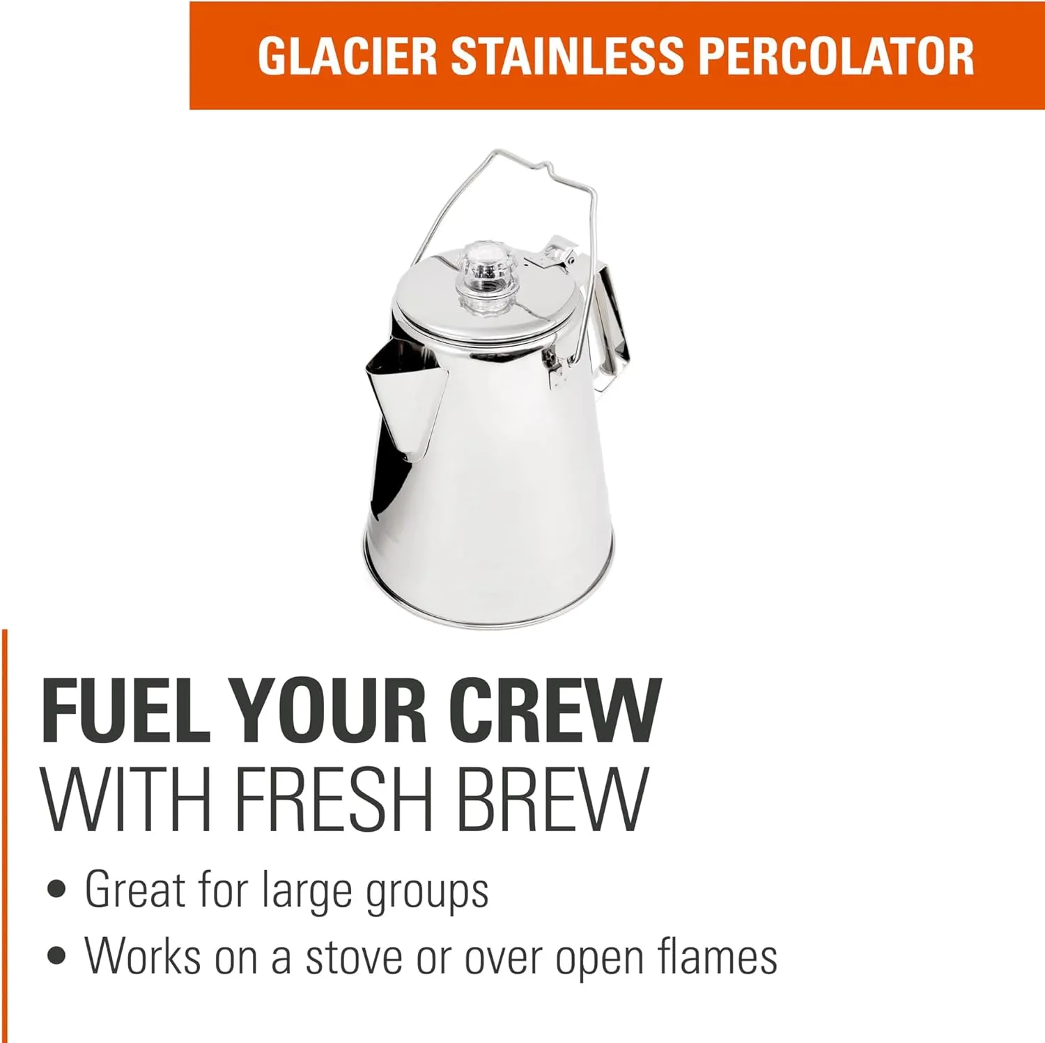 GSI Outdoors Percolator Coffee Pot I Glacier Stainless Steel Ultra-Rugged for Brewing Coffee Over Stove and Fire | Ideal for Group Camping, 8 Cup