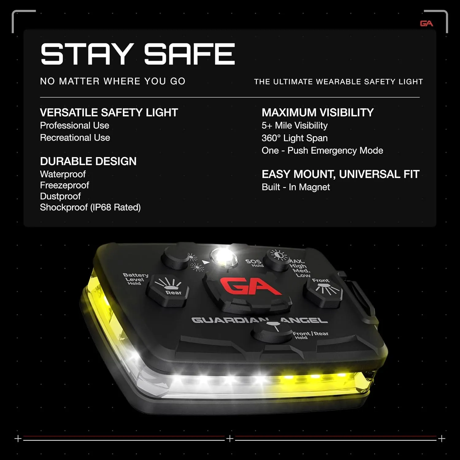 Guardian Angel Elite Series Safety Light - White/Yellow Front & White/Yellow Rear - Rechargeable, Magnetic, Hands-Free Wearable LED Light for Construction, Roadside, Utility & Industrial PPE