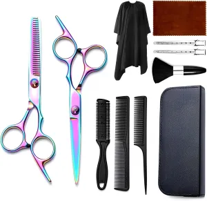 Hair Cutting Scissors Kit 11PCS, Hair Scissors Professional Haircut Scissors with Japanese Stainless Steel Hair Shears, Thinning Shears, Haircut Accessories in Leather Case for Salon/Home (Rainbow)