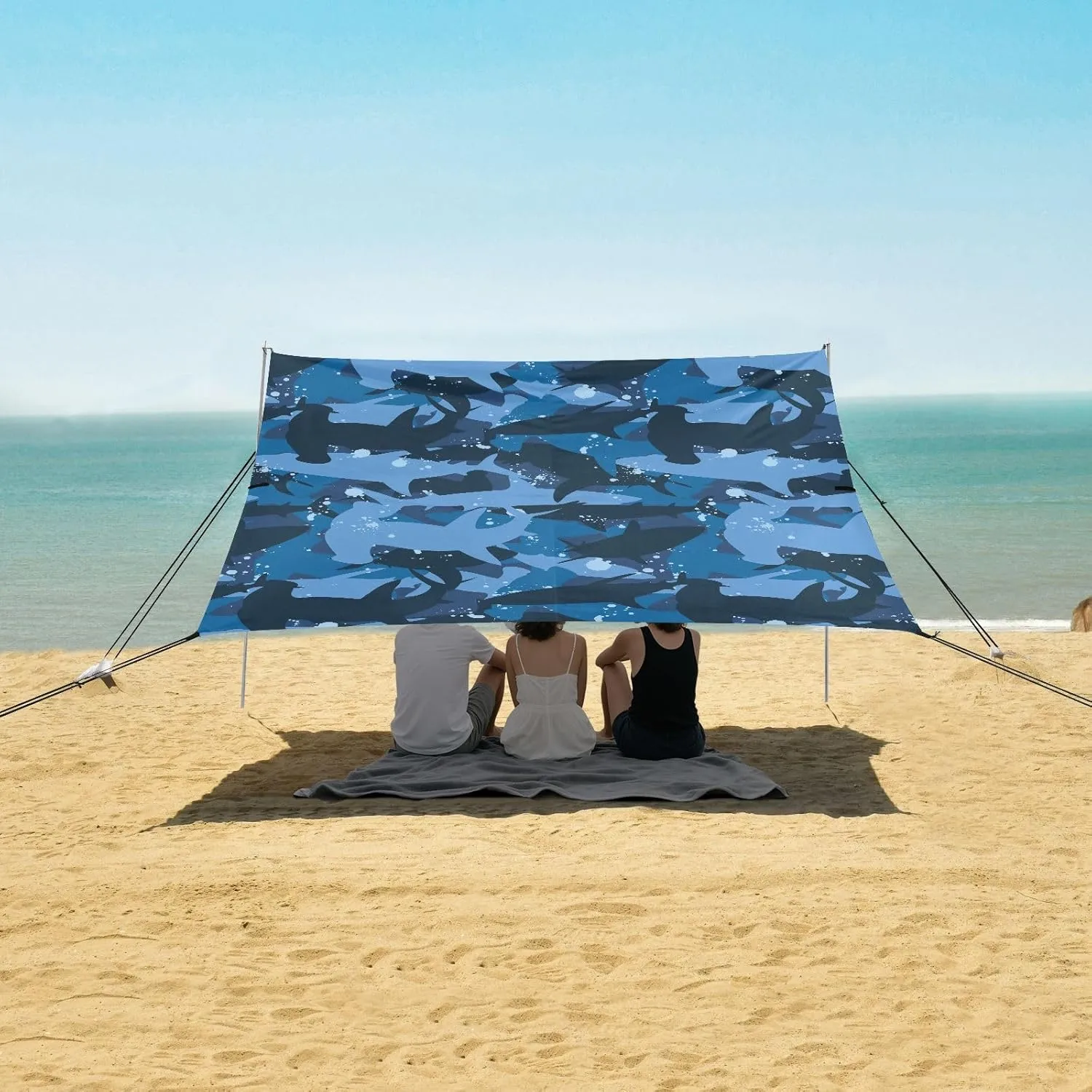 Hammerhead Shark Silhouette Beach Canopy Tent Anti-UV & Wind Resistant, Camping Sun Shelter Easy Setup Portable,Outdoor Shade Tents with Sandbags,Sand Shovels,Ground Pegs & Stability Poles