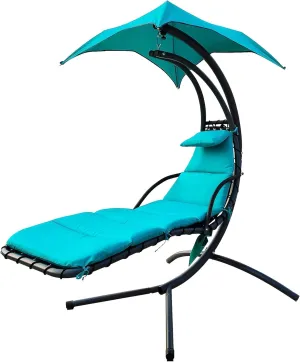 Hanging Curved Chaise Lounge Chair Swing w/Built-in Cushion, Pillow, Canopy, Stand and Storage Pouch, Removable Patio Swing Lounge Chair Canopy Hammock for Outdoor Indoor, Auqa