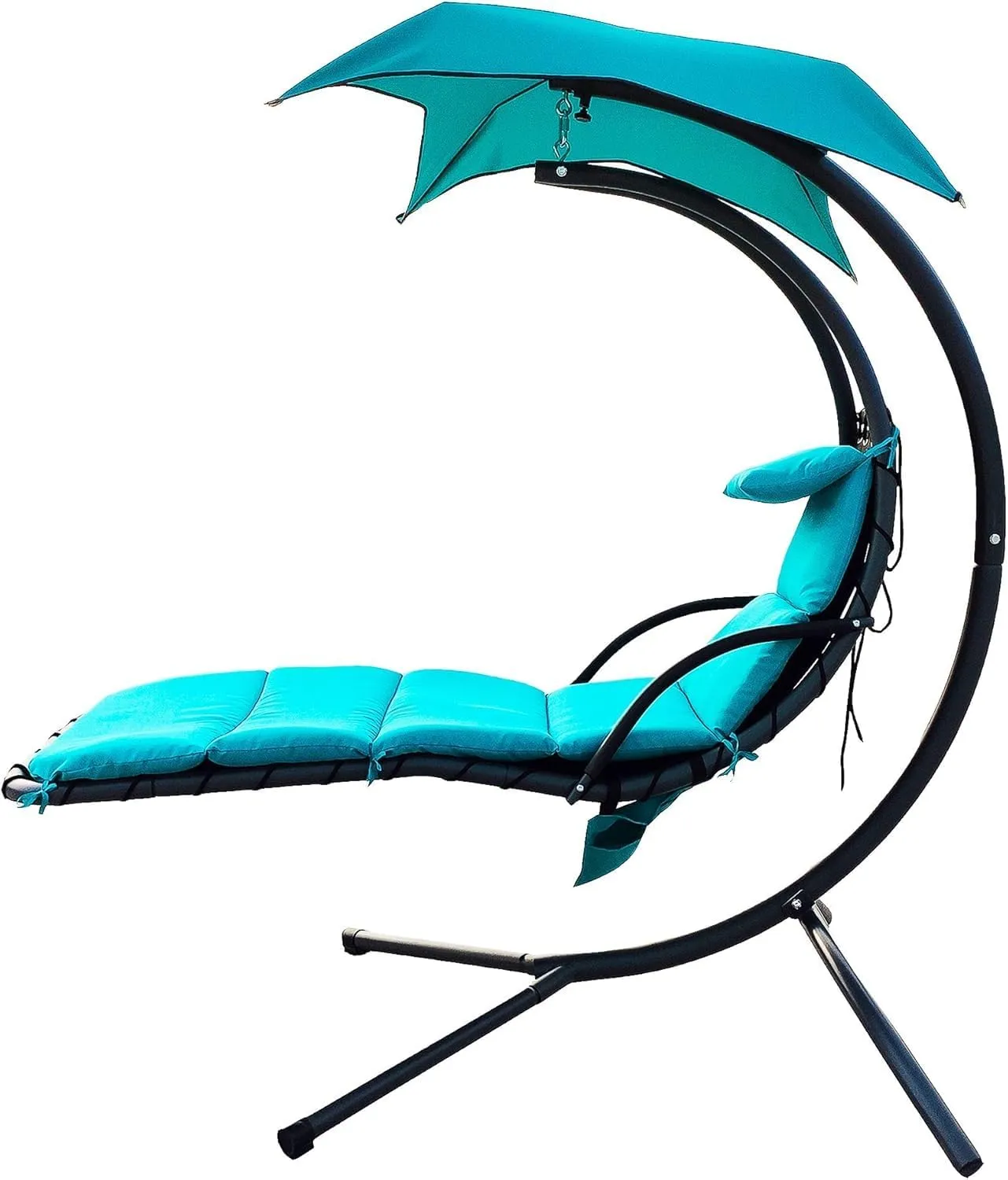 Hanging Curved Chaise Lounge Chair Swing w/Built-in Cushion, Pillow, Canopy, Stand and Storage Pouch, Removable Patio Swing Lounge Chair Canopy Hammock for Outdoor Indoor, Auqa