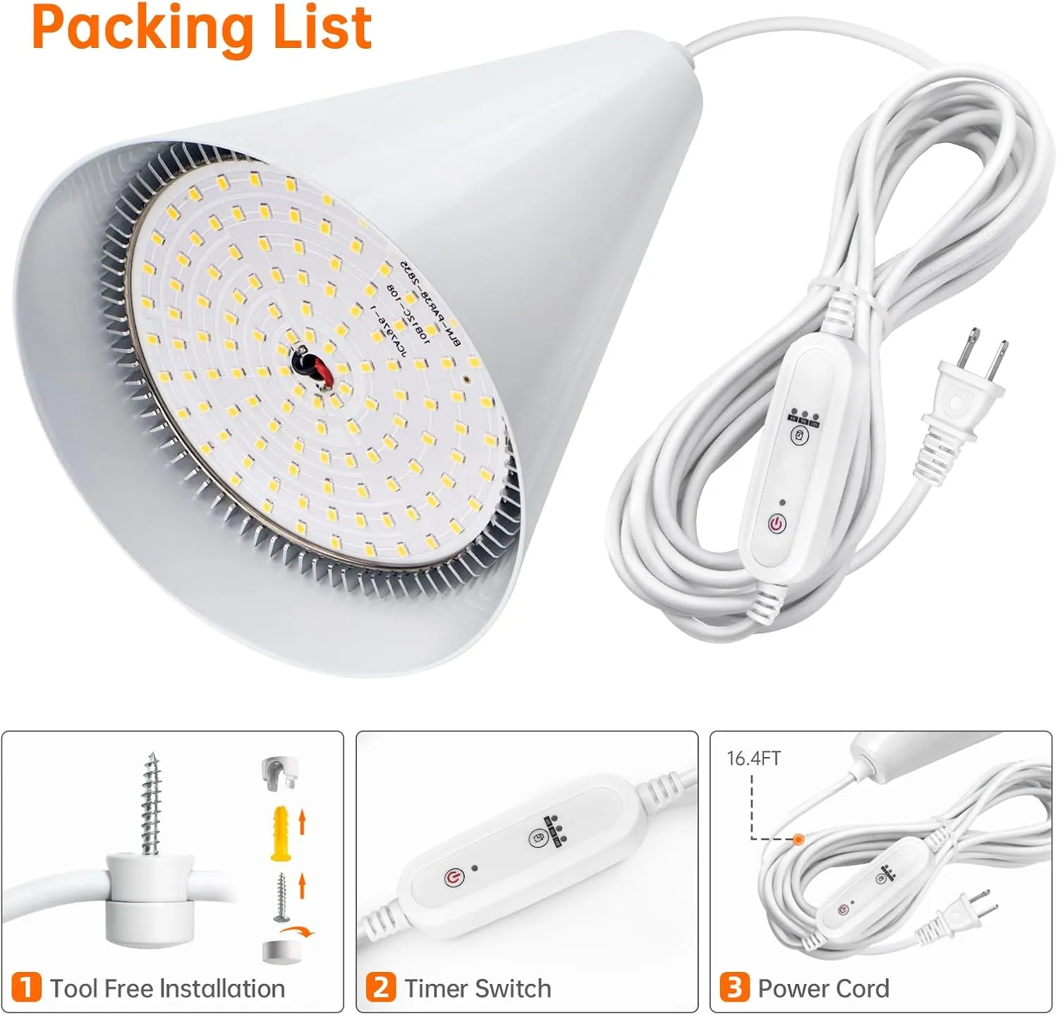 Hanging Grow Light, 25W Full Spectrum Plant Lights for Indoor Plants, 16.4FT Power Cord, 5000K with Timer Function