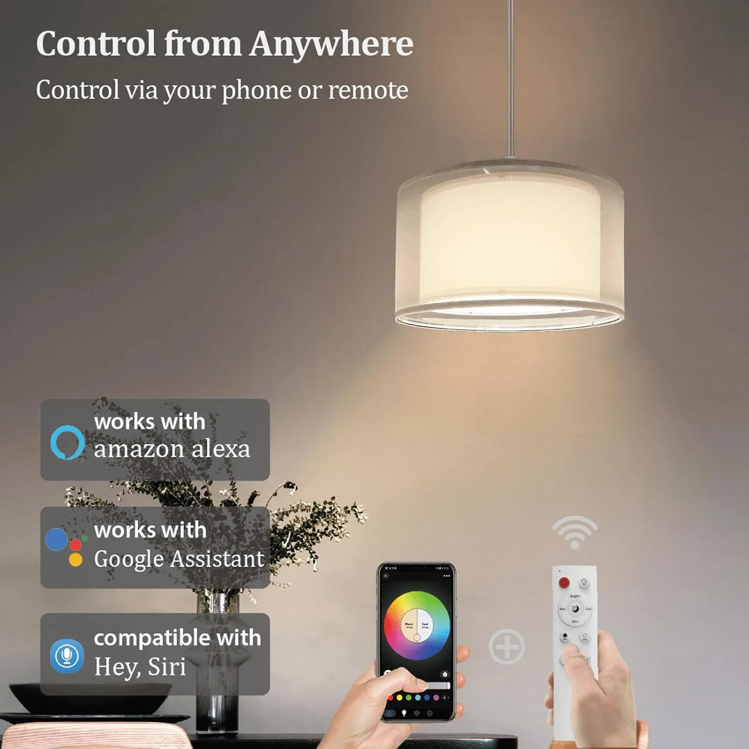 Hanging Lamp Plug in Pendant Light 2 Pack with Remote Control, 15Ft Hanging Lights with Plug in Cord White Double Shade Ceiling Pendant Light for Living Room, Bedroom, Kitchen