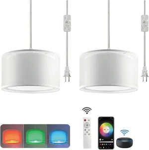 Hanging Lamp Plug in Pendant Light 2 Pack with Remote Control, 15Ft Hanging Lights with Plug in Cord White Double Shade Ceiling Pendant Light for Living Room, Bedroom, Kitchen