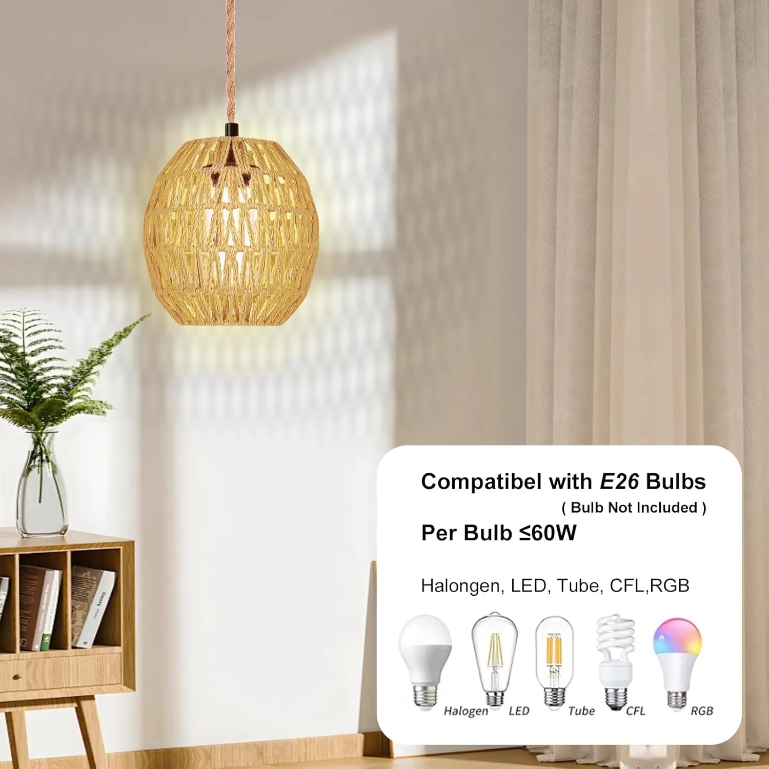 Hanging Lamps Rattan Pendant Light Hanging Lights 16.4ft Plug in Cord Pendant Light Fixture Plug Into Wall Outlet Pendant Lighting with On Off Switch for Bedroom Living (Egg Shade)