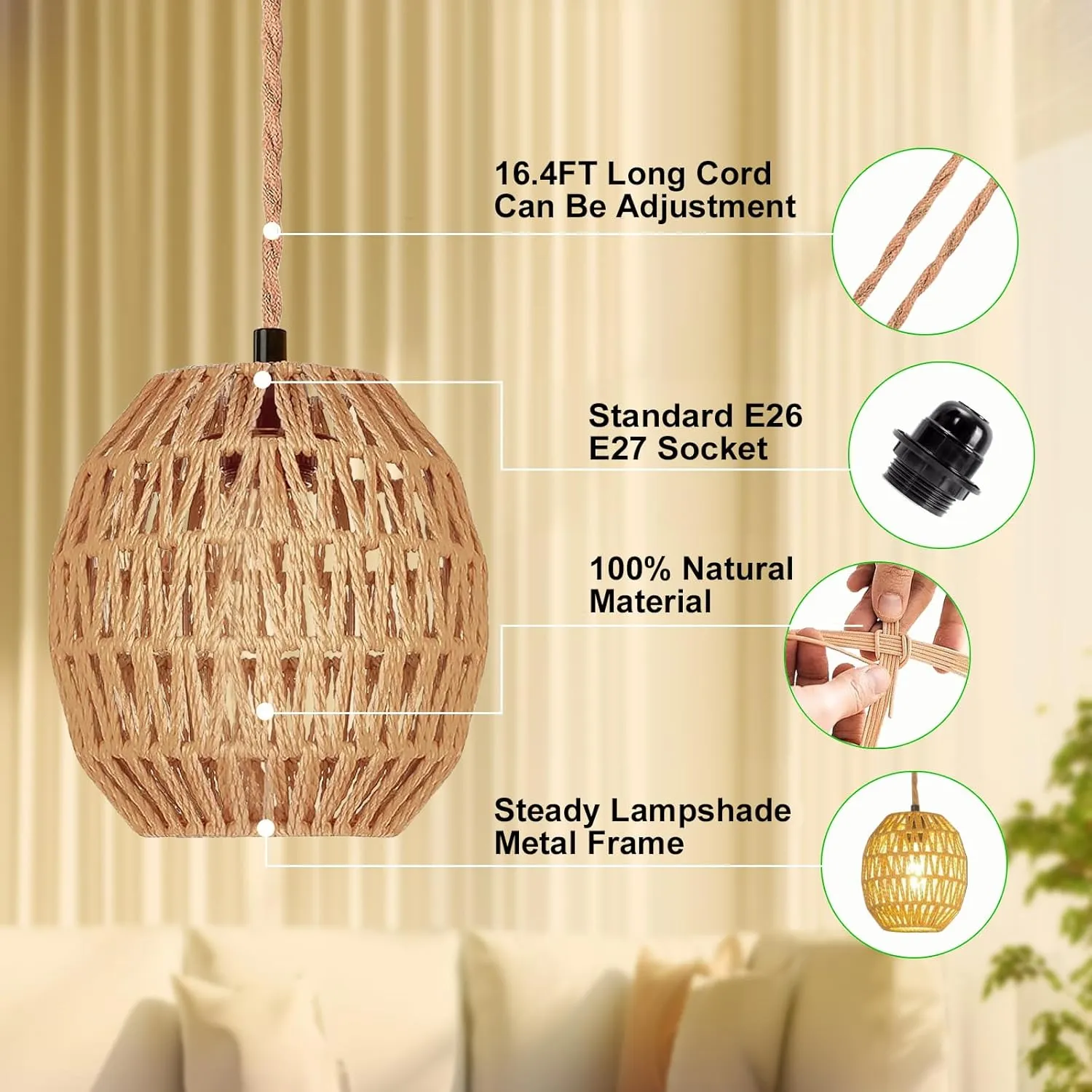 Hanging Lamps Rattan Pendant Light Hanging Lights 16.4ft Plug in Cord Pendant Light Fixture Plug Into Wall Outlet Pendant Lighting with On Off Switch for Bedroom Living (Egg Shade)