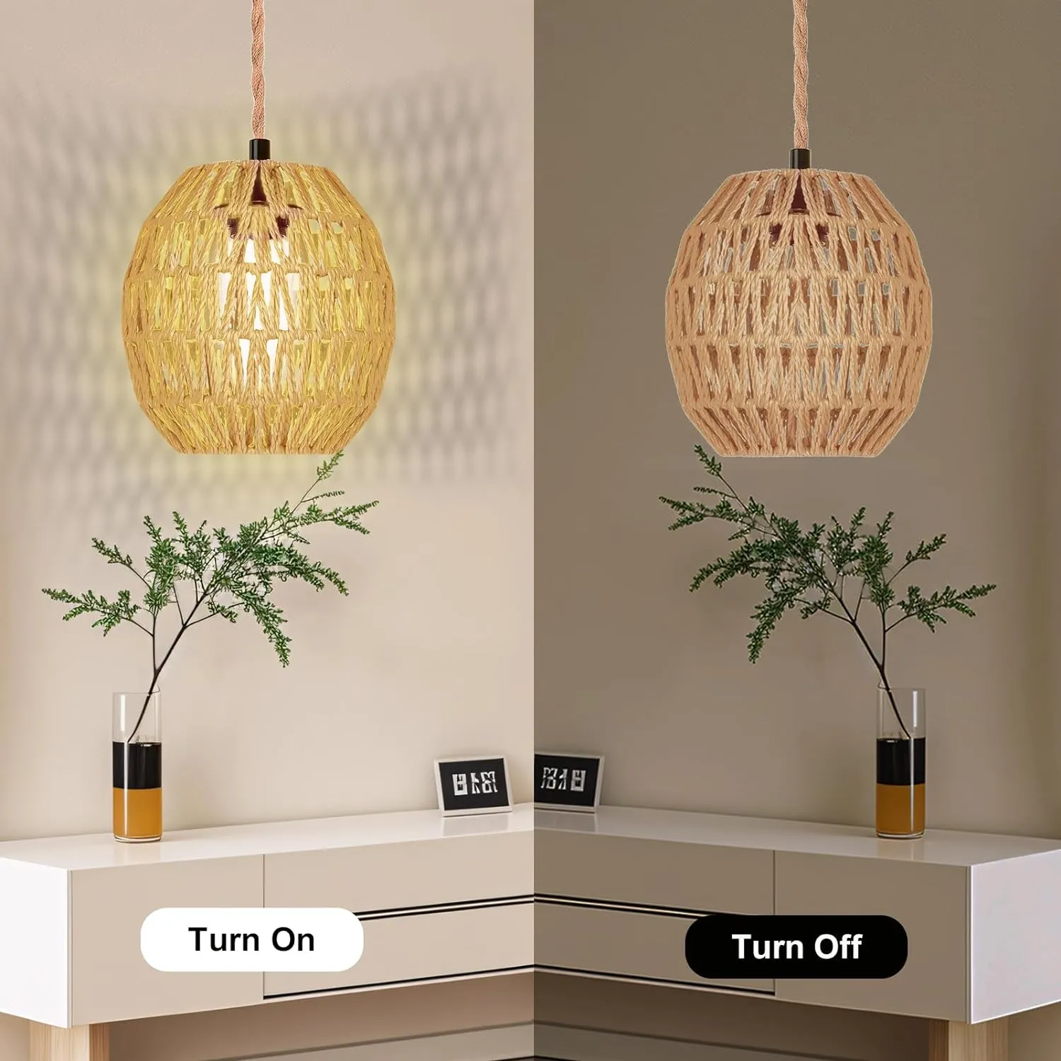 Hanging Lamps Rattan Pendant Light Hanging Lights 16.4ft Plug in Cord Pendant Light Fixture Plug Into Wall Outlet Pendant Lighting with On Off Switch for Bedroom Living (Egg Shade)