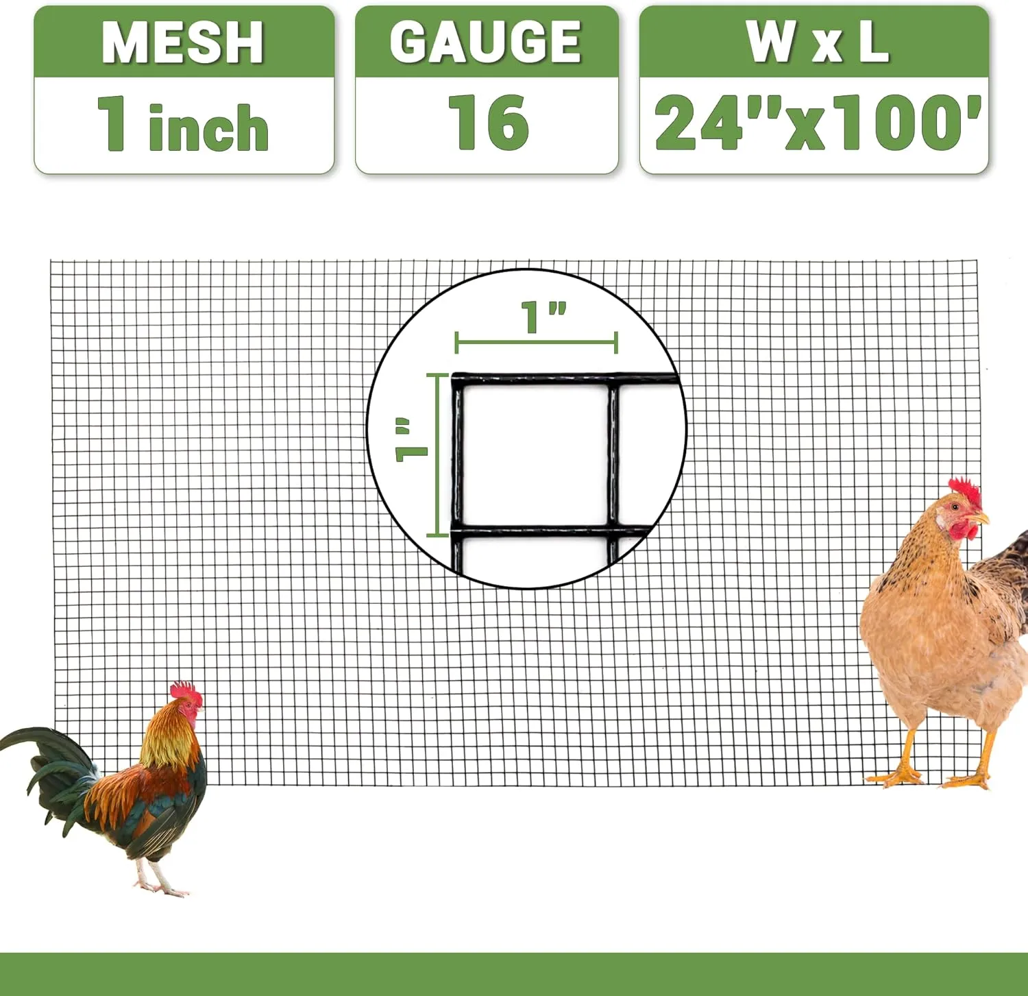 Hardware Cloth 1 inch Chicken Wire Fencing 24 in x 100 ft Galvanized Welding Garden Fence Roll Square Mesh 16 Gauge Chicken Rabbit Snake Cage Heavy Duty Welding Fencing