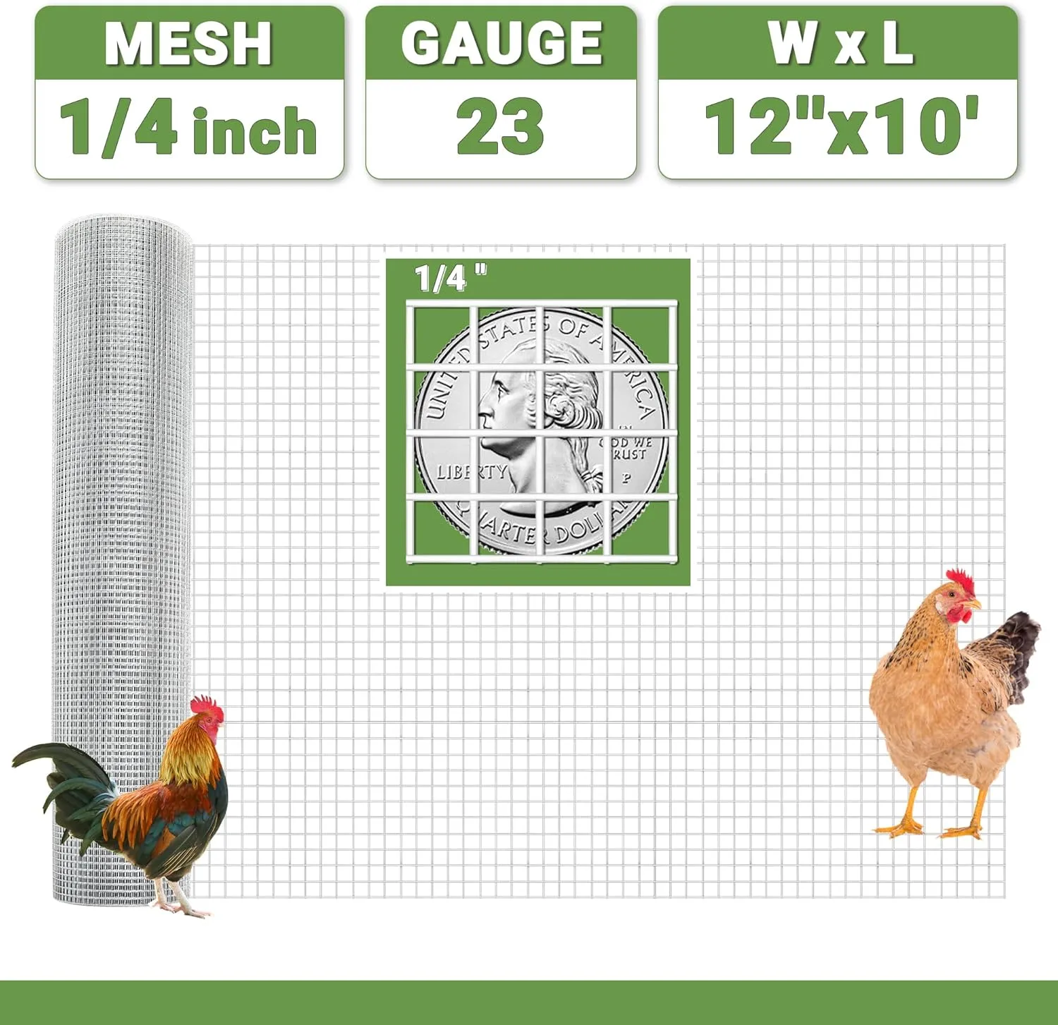 Hardware Cloth 12 in x 10 ft 1/4 inch 23 Gauge Wire Fencing Galvanized Welding Garden Fence Roll Square Mesh Chicken Rabbit Snake Cage Heavy Duty Welding Fencing