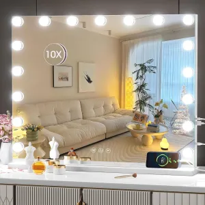 Hasipu Hollywood Vanity Mirror, 28" x 22" Mirror with Lights, Makeup Mirror with 17 Dimmable Bulbs and 10X Magnification, 3 Colors Modes, Touch Control, USB Charging Port, Type-C (Square White)