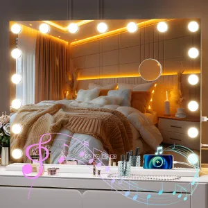 Hasipu Vanity Mirror with Lights and Bluetooth Speaker, 32" x 24" Hollywood Mirror, Makeup Mirror with 17 Dimmable Bulbs and 10X Magnification, 3 Colors Modes, USB Charging Port, Type-C (White)