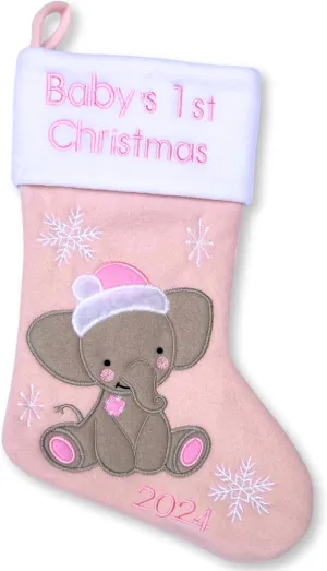 Heart's Sign Babys First Christmas Stocking 2024 | My First Christmas Baby Boy and Baby Girl | Newborn Stockings Christmas Ornaments | Newborn Christmas Decor Elephant Design (Pink)