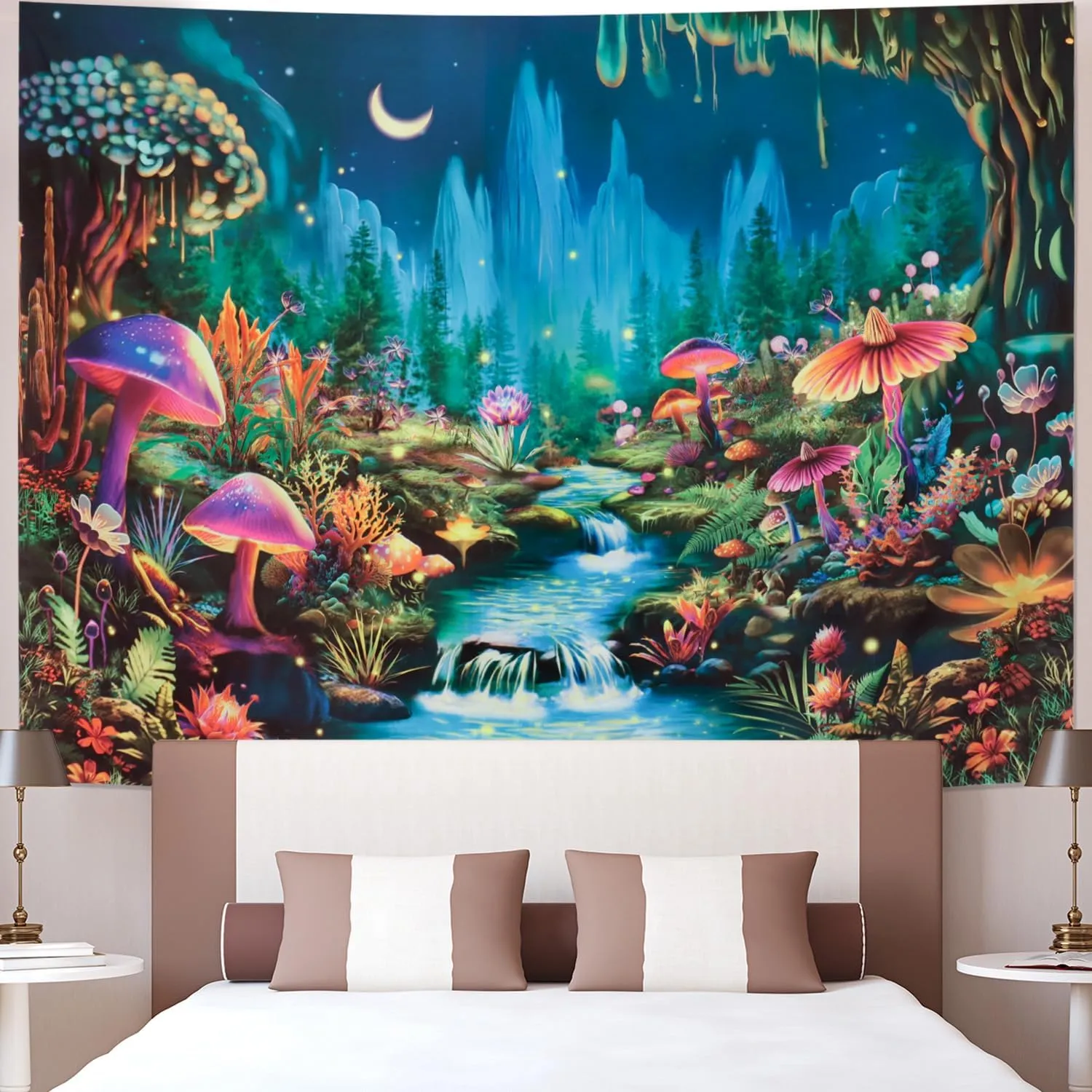 Heopapin Blacklight Tapestry UV Reactive Mushroom Flower Tapestries Fantasy Moonlight Mountain Forest Landscape Tapestry Mysterious Jungle Neon Plants Wall Hanging for Room L78×W59
