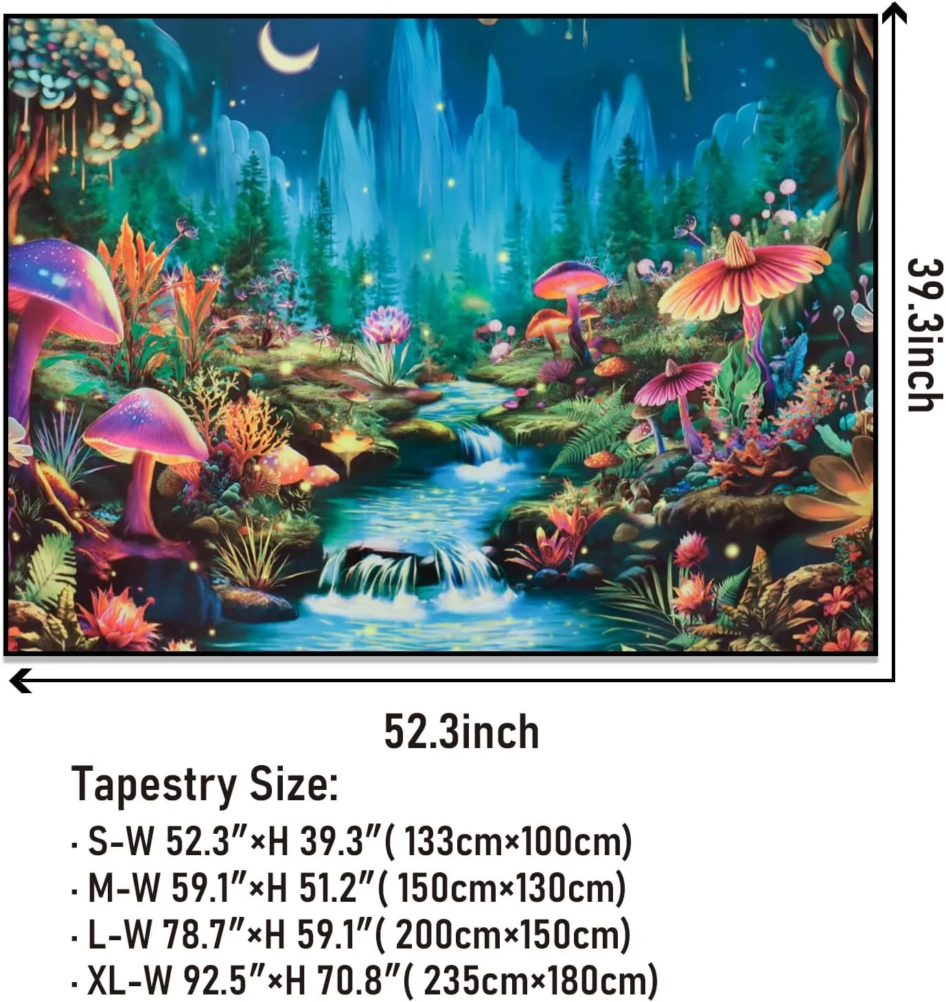 Heopapin Blacklight Tapestry UV Reactive Mushroom Flower Tapestries Fantasy Moonlight Mountain Forest Landscape Tapestry Mysterious Jungle Neon Plants Wall Hanging for Room L78×W59