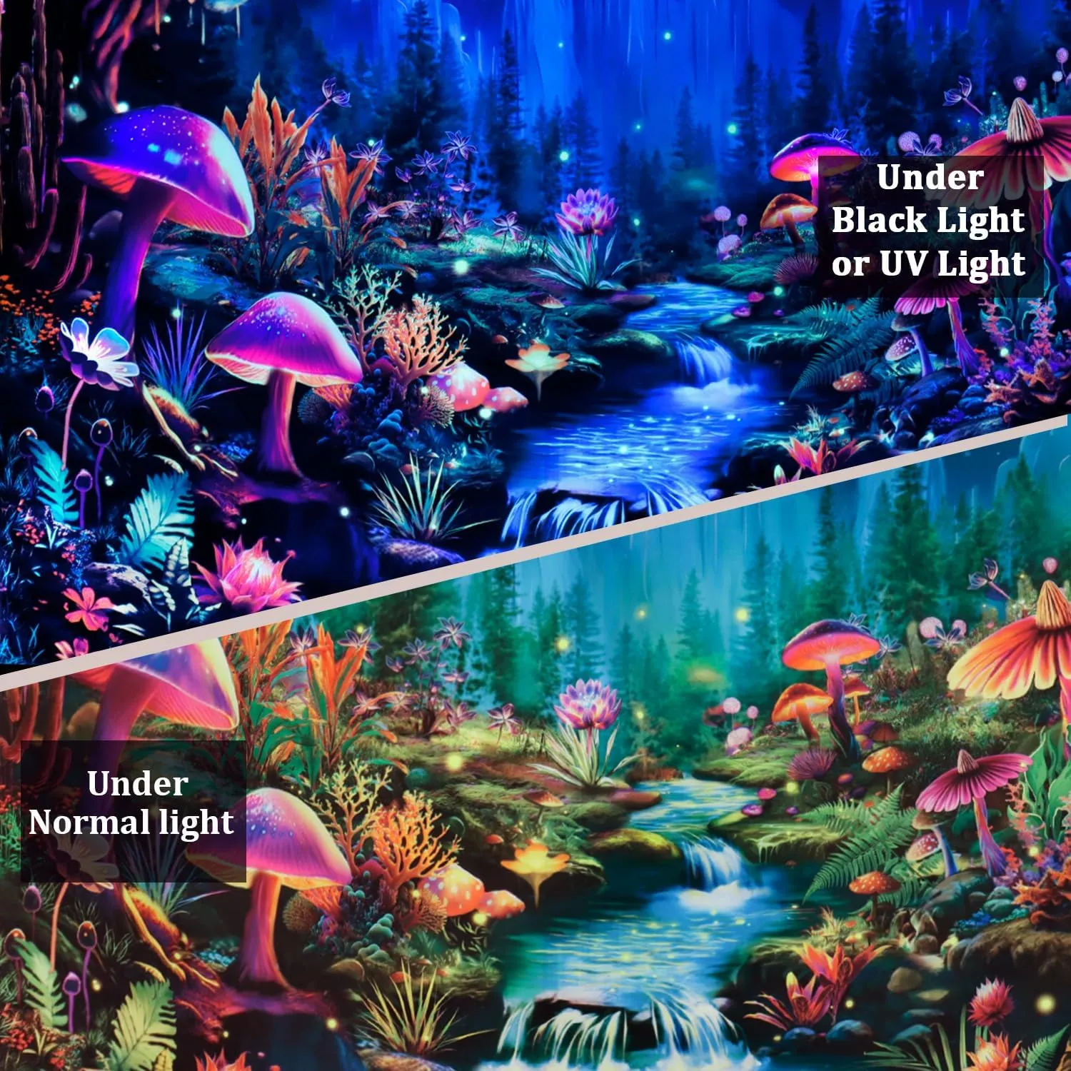 Heopapin Blacklight Tapestry UV Reactive Mushroom Flower Tapestries Fantasy Moonlight Mountain Forest Landscape Tapestry Mysterious Jungle Neon Plants Wall Hanging for Room L78×W59